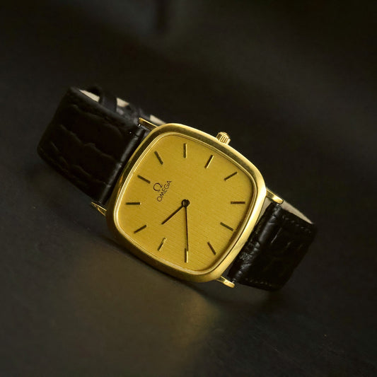Omega De Ville Quartz | Champagne Striped Dial | Gold Plated Cushion | Two Hands, view 1