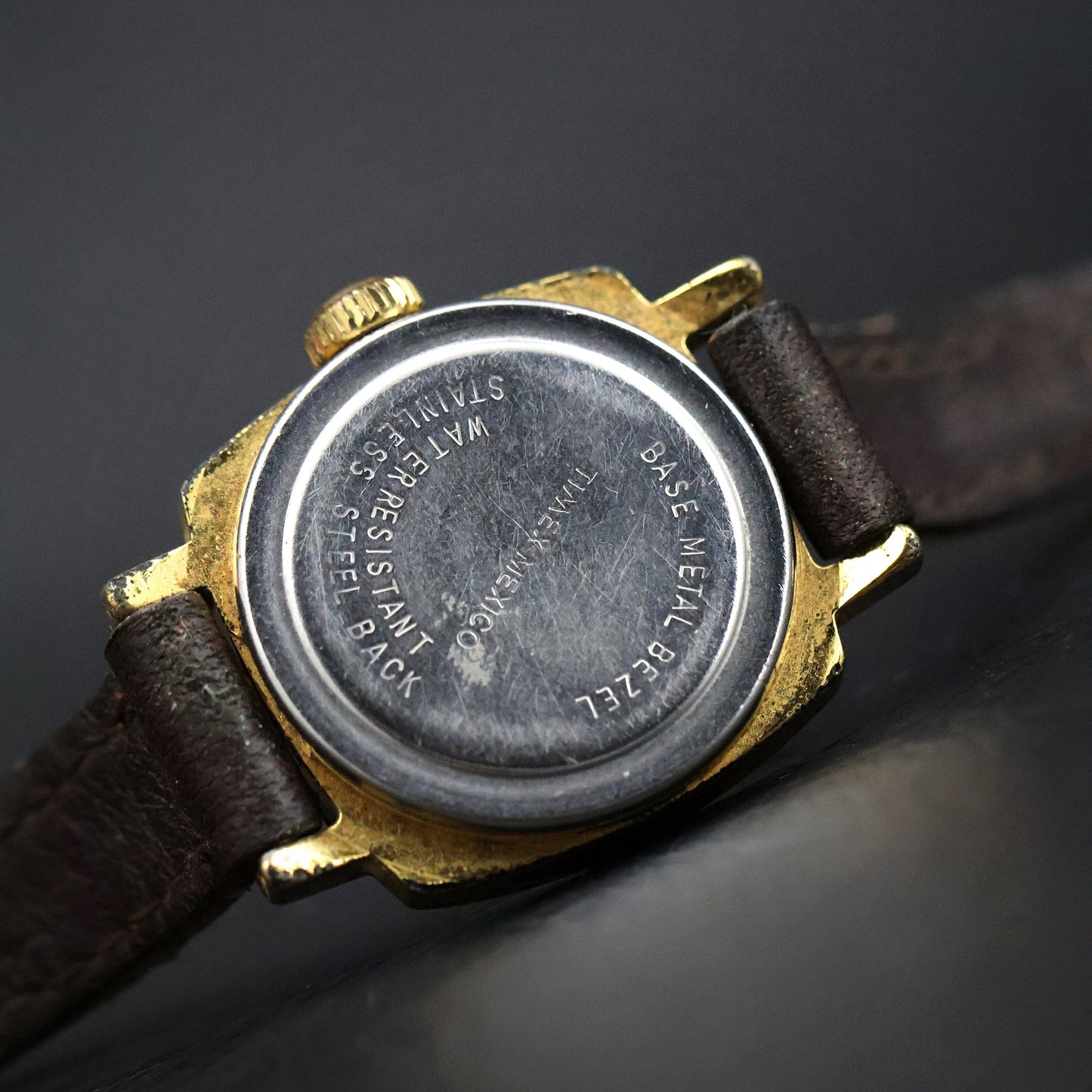 Timex Gold Cushion-Case on Brown Leather
