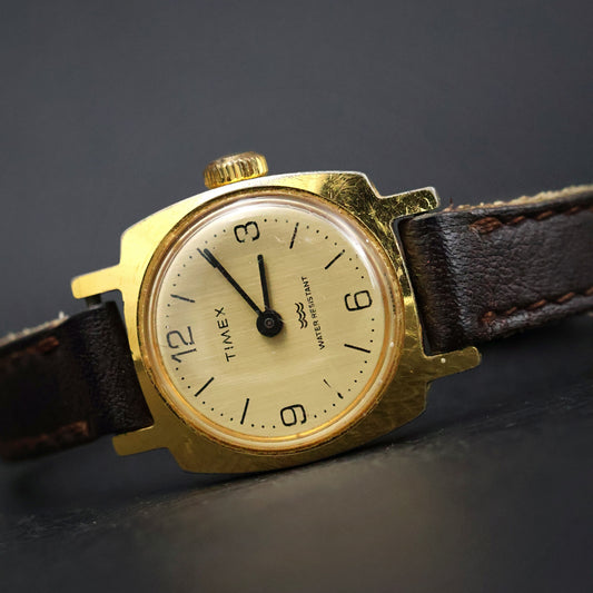 Timex Gold Cushion-Case on Brown Leather