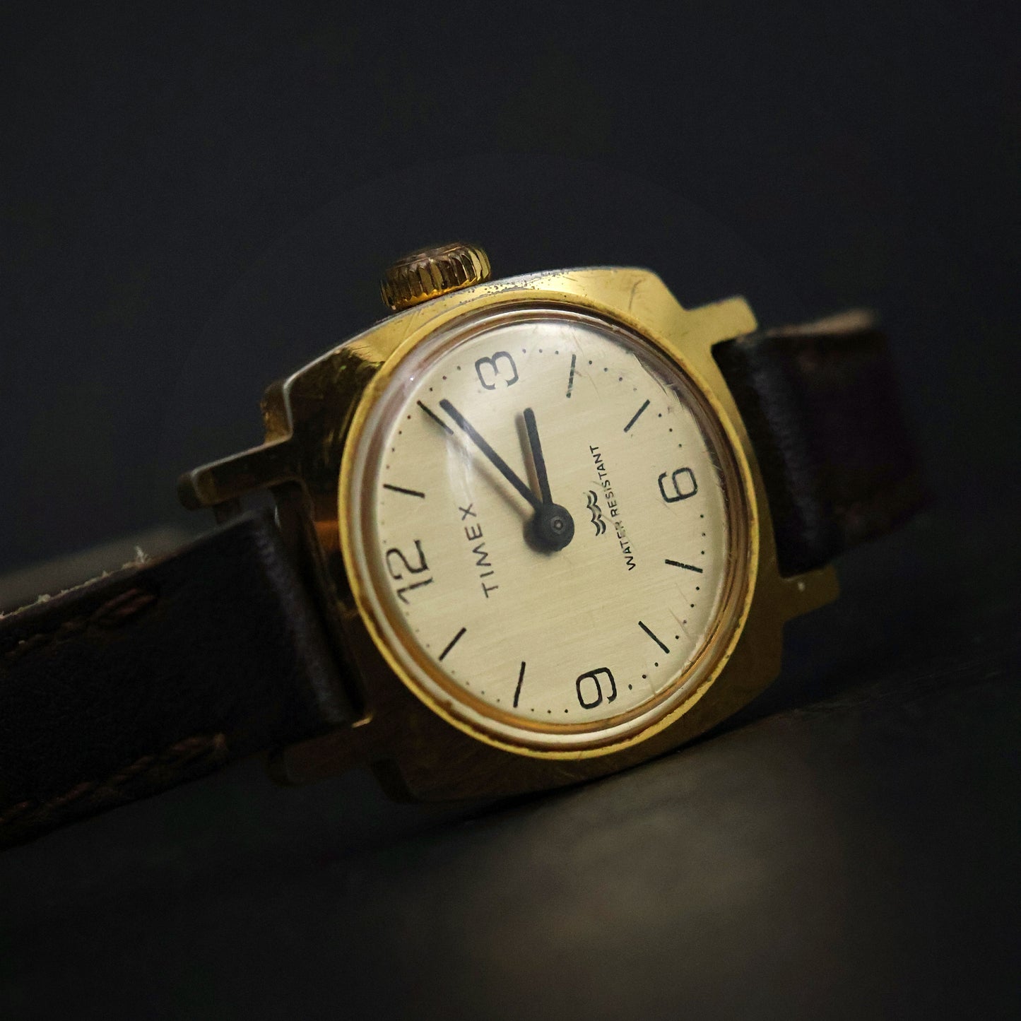Timex Gold Cushion-Case on Brown Leather