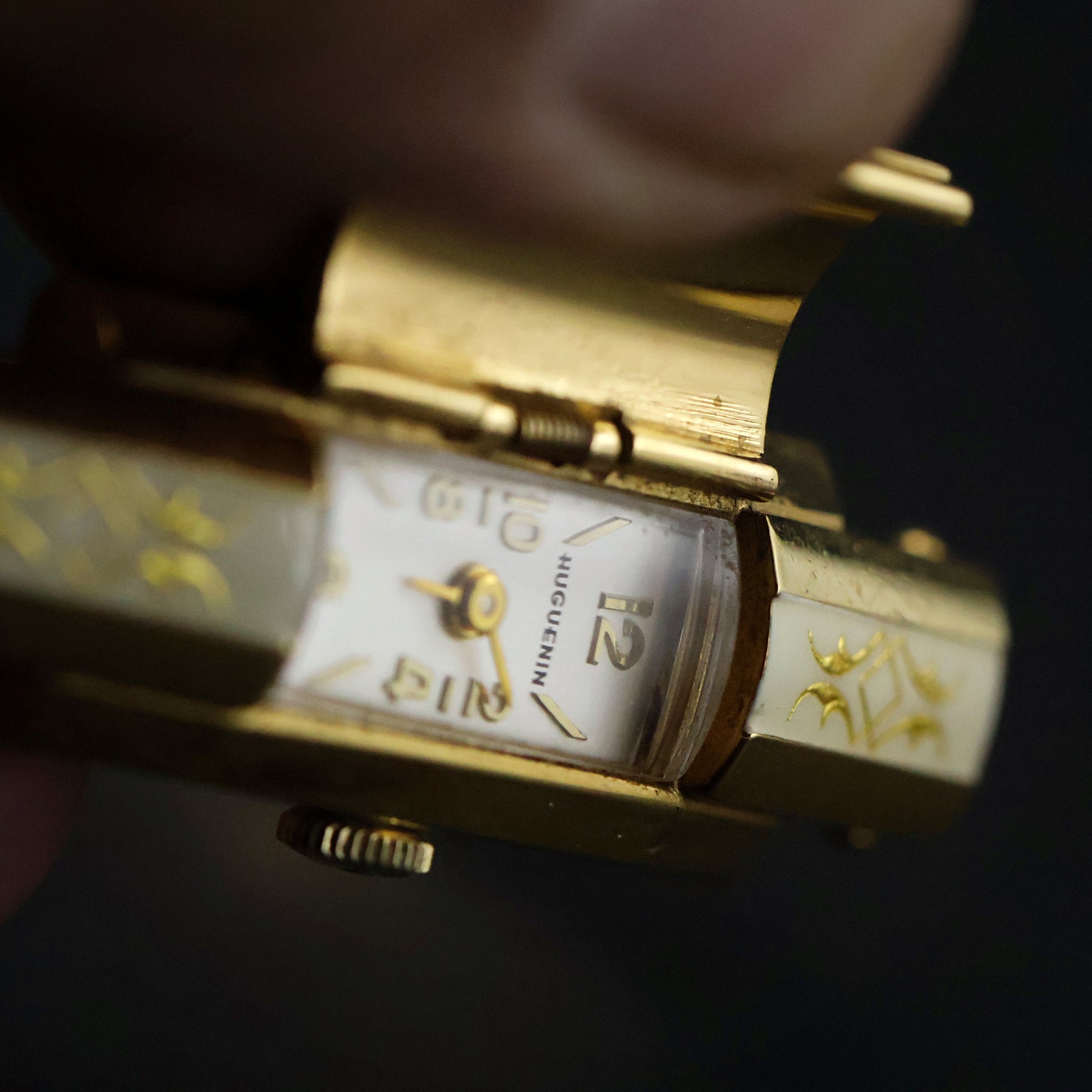 Huguenin White Enamel Gold Scroll Bangle Watch