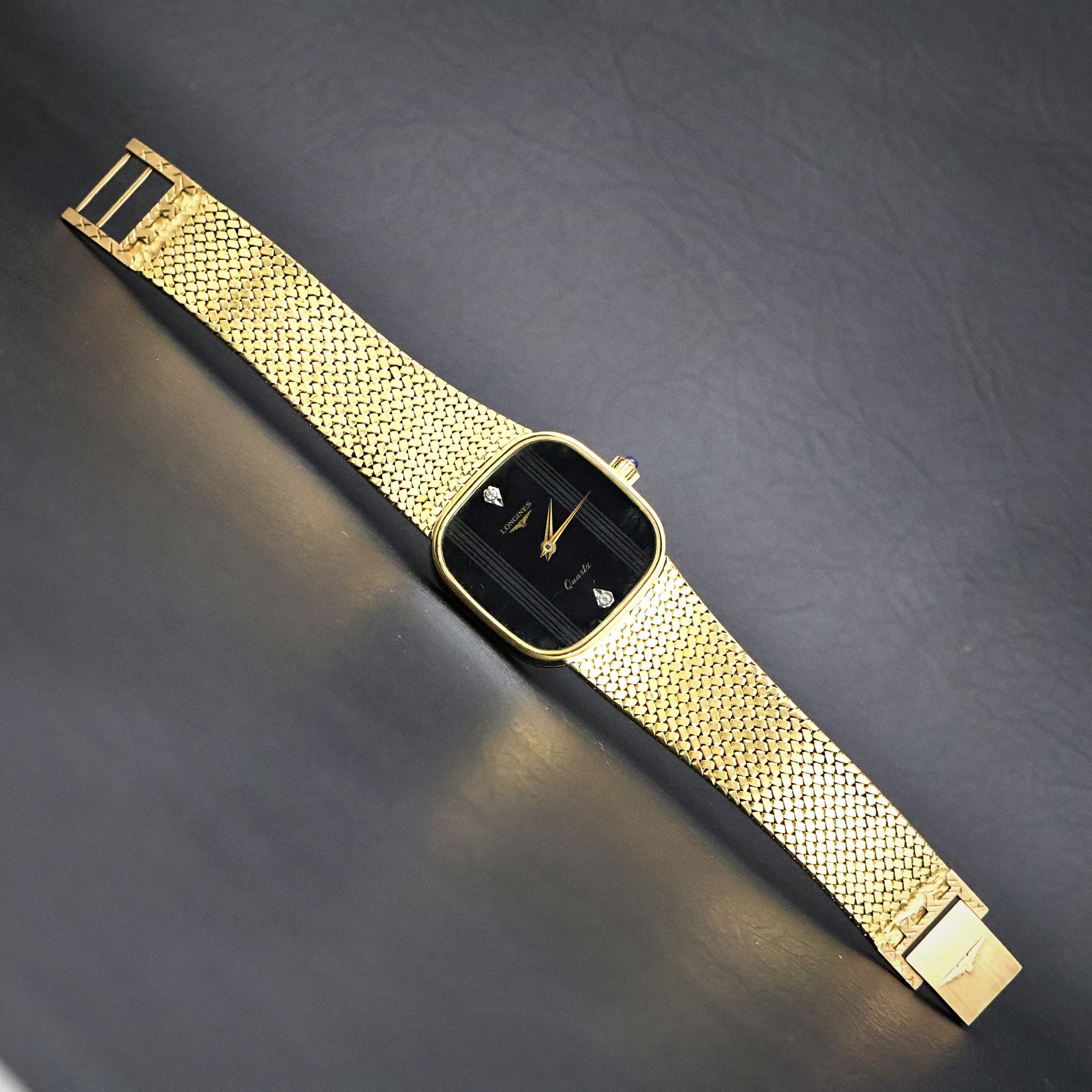 Longines Black Diamond Dial Gold Mesh Watch