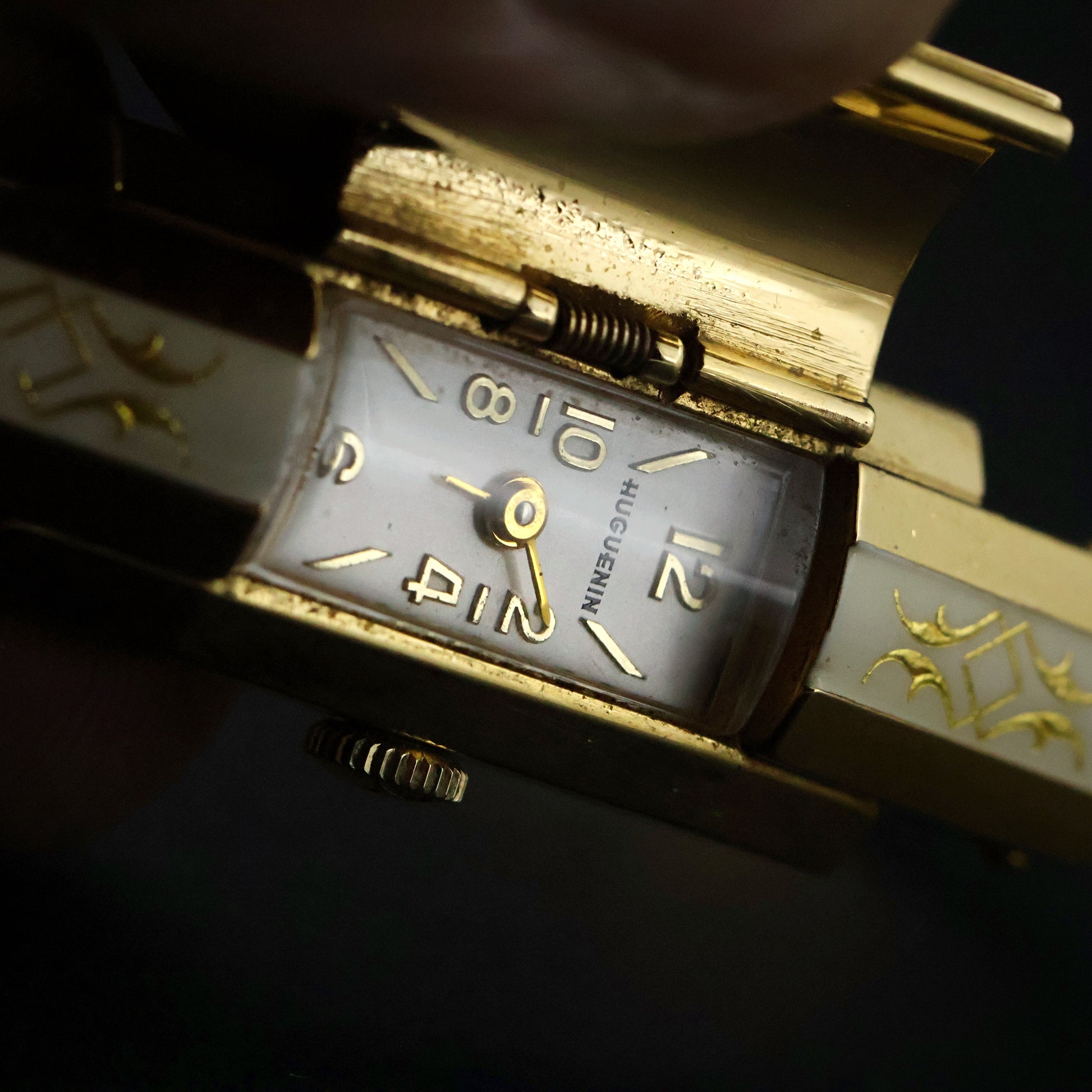 Huguenin White Enamel Gold Scroll Bangle Watch