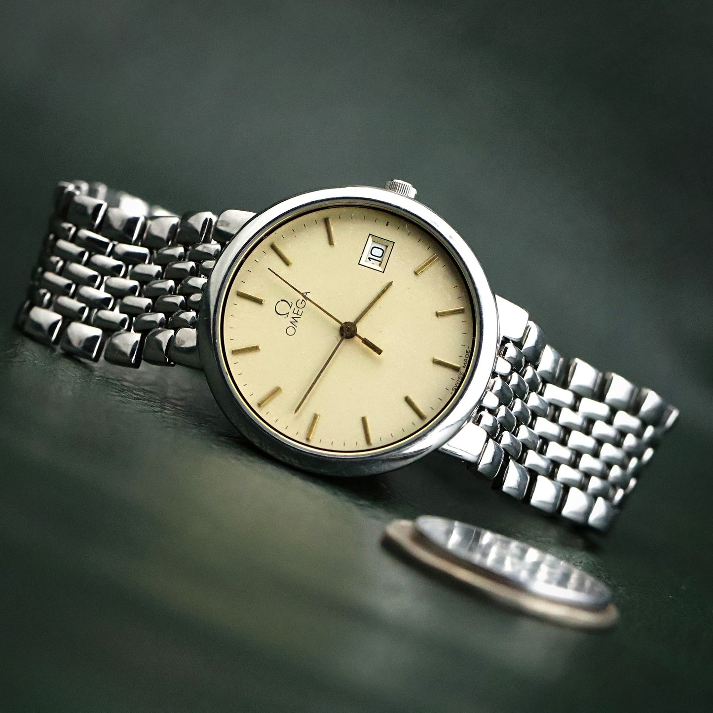 Omega - Steel Rice-Bead Bracelet, Cream Dial with Date