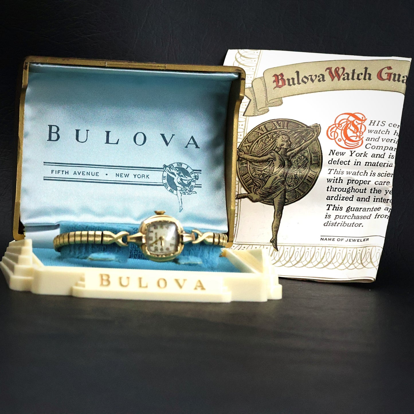 Bulova Ladies Gold Tonneau | Complete Set with Fifth Avenue Box and Papers