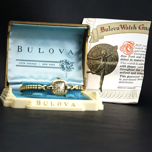 Bulova Ladies Gold Tonneau | Complete Set with Fifth Avenue Box and Papers