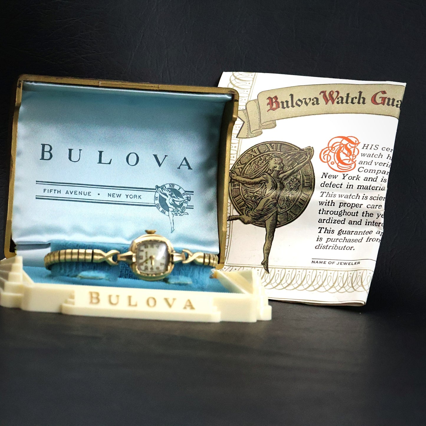 Bulova Ladies Gold Tonneau | Complete Set with Fifth Avenue Box and Papers