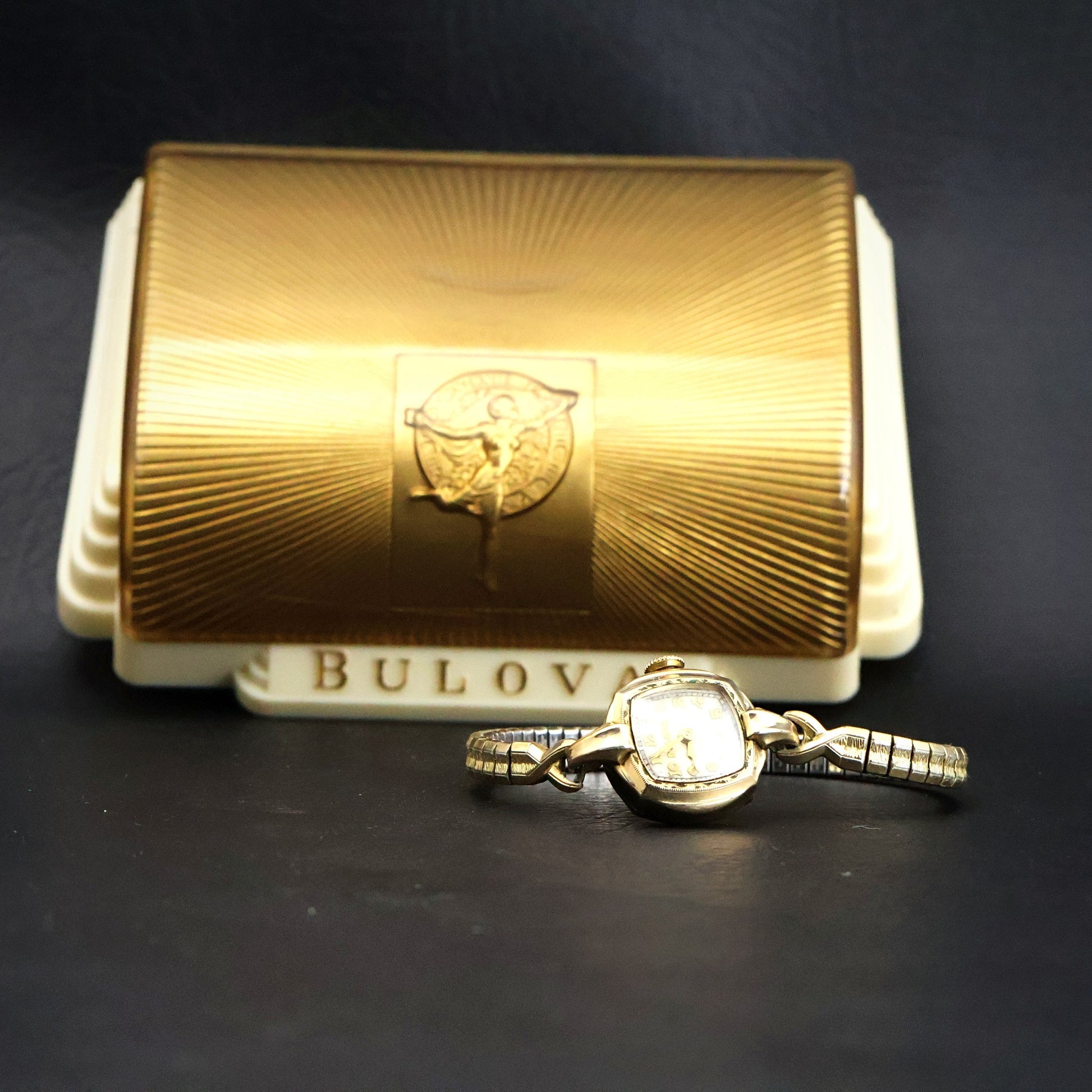 Bulova Ladies Gold Tonneau | Complete Set with Fifth Avenue Box and Papers