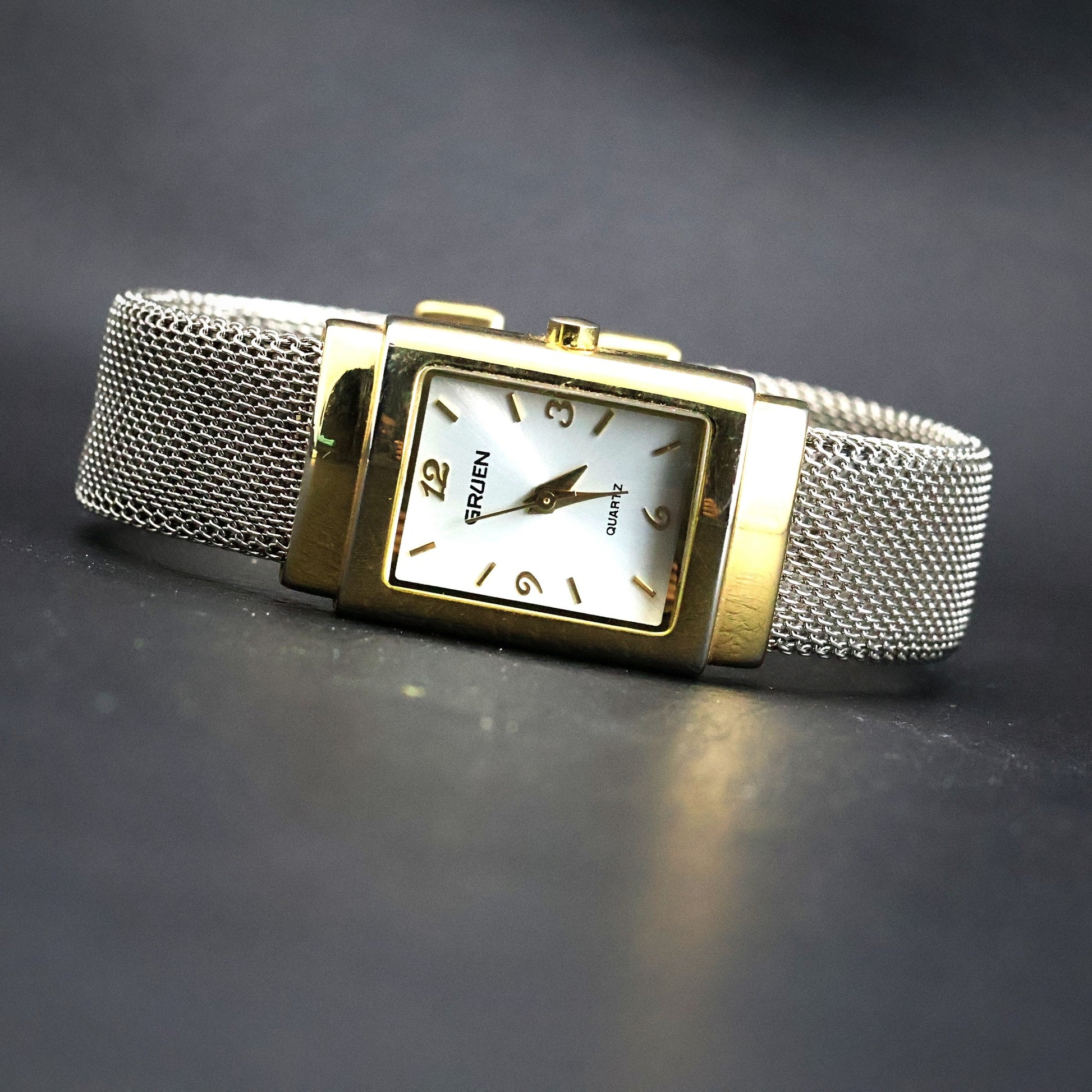 Gruen Ladies Dress Watch | Rectangular Two-Tone | Silver Mesh
