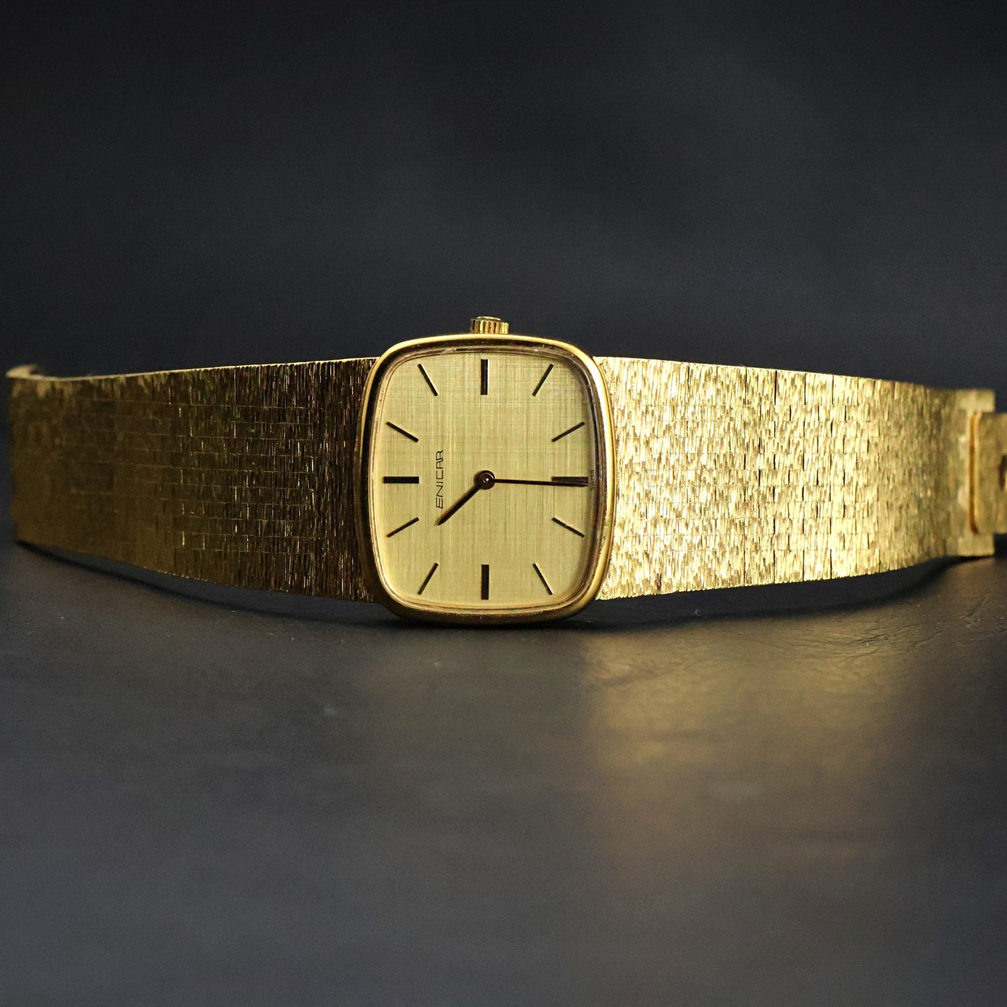 Enicar Gold Cushion Dress Watch | Integrated Mesh