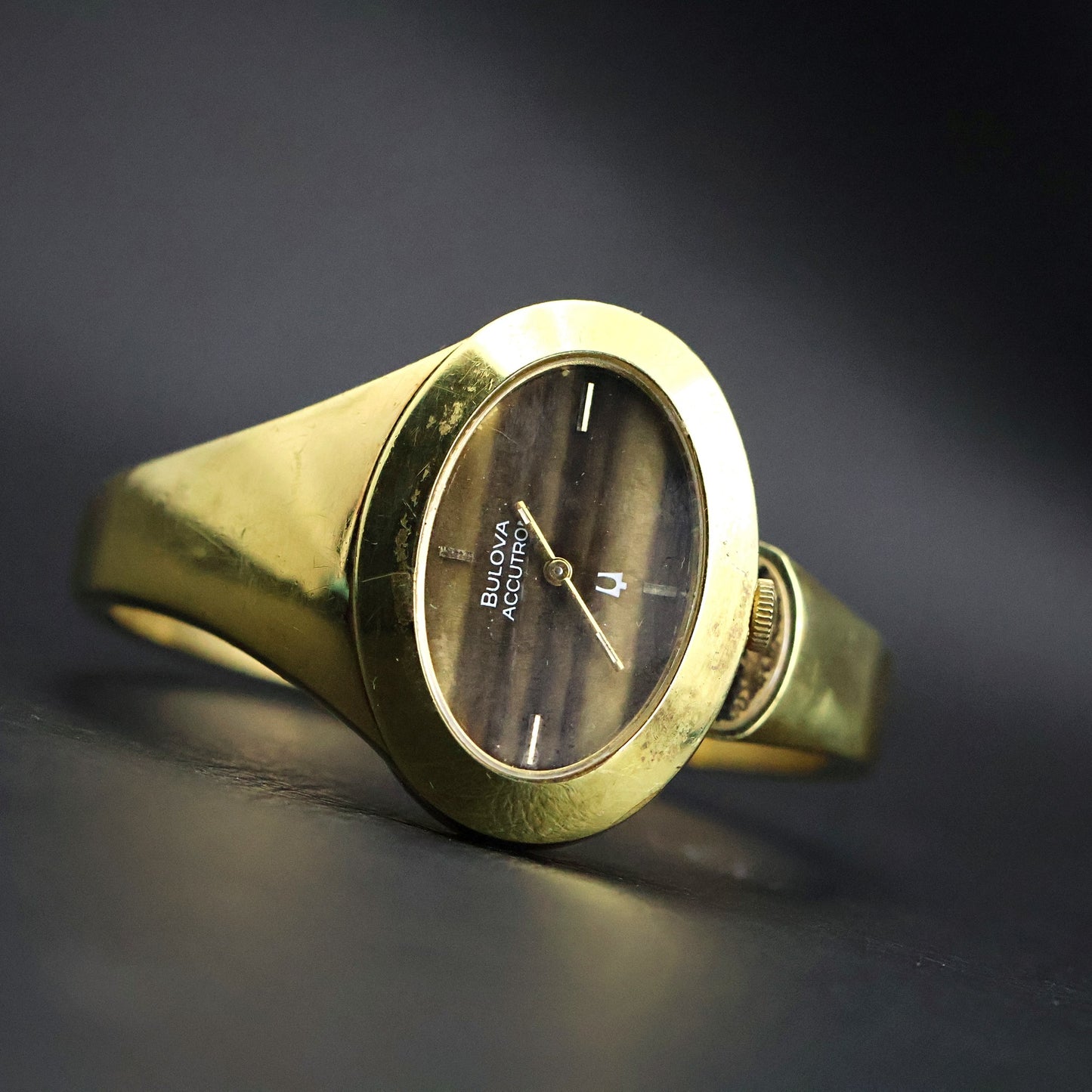 Bulova Accutron | Gold Cuff Bangle | Tigers Eye Style Dial