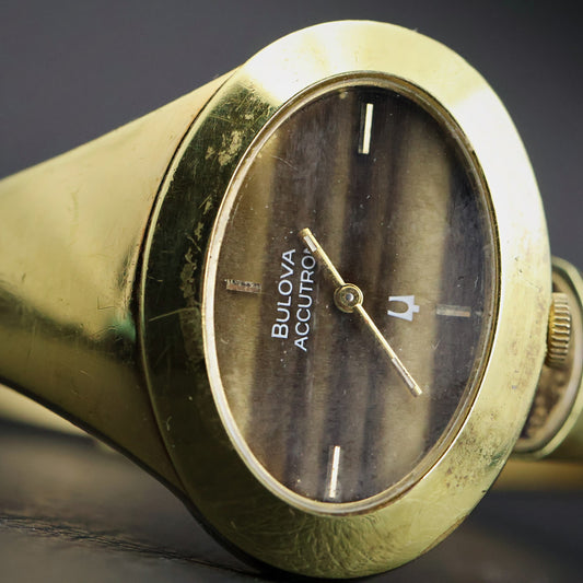 Bulova Accutron | Gold Cuff Bangle | Tigers Eye Style Dial