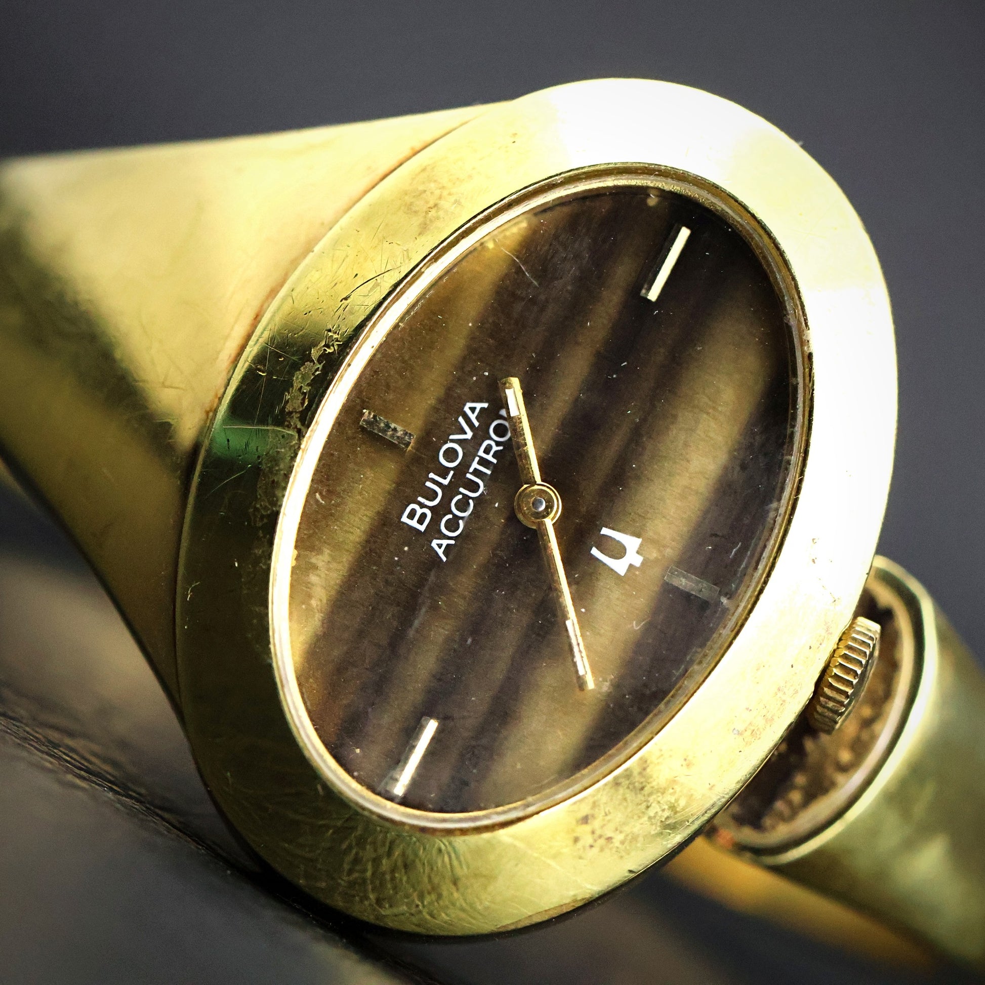 Bulova Accutron | Gold Cuff Bangle | Tigers Eye Style Dial