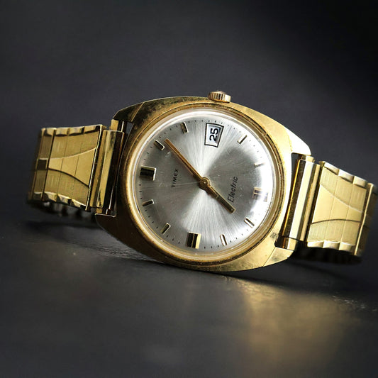 Timex Electric | Gold Round | Silver Sunburst Dial | Date