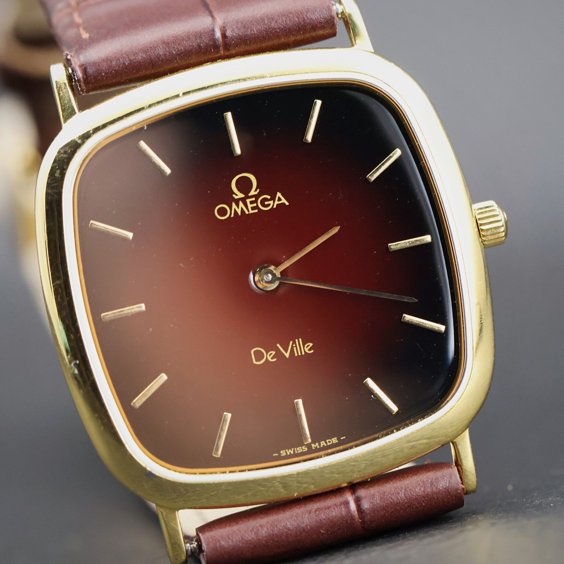 Omega De Ville | Gold Plated Cushion | Rare Burgundy Fume Dial | Quartz