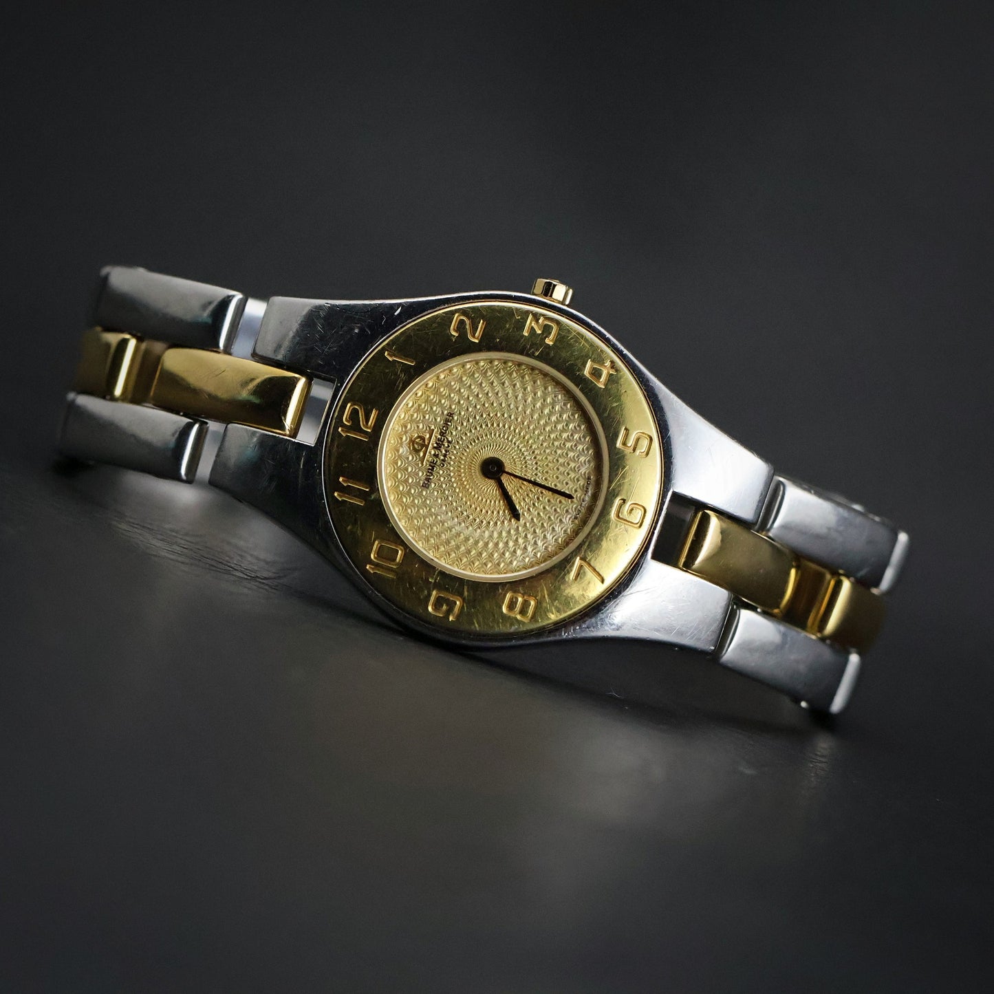 Baume and Mercier Linea Ladies | Two-Tone | Champagne Guilloche Dial | Arabic Bezel | Ref 4113207
