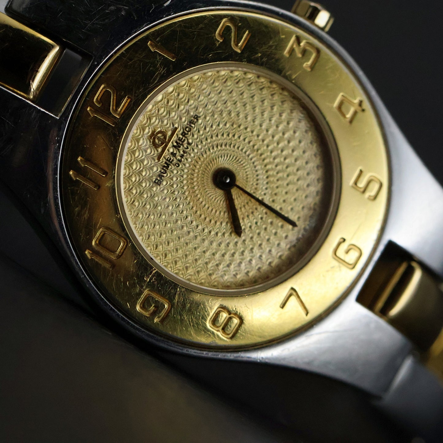 Baume and Mercier Linea Ladies | Two-Tone | Champagne Guilloche Dial | Arabic Bezel | Ref 4113207