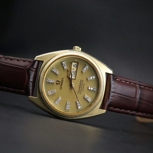 Omega Constellation Chronometer Day-Date Quartz | Gold | Champagne Diamond Dial | Fluted Bezel