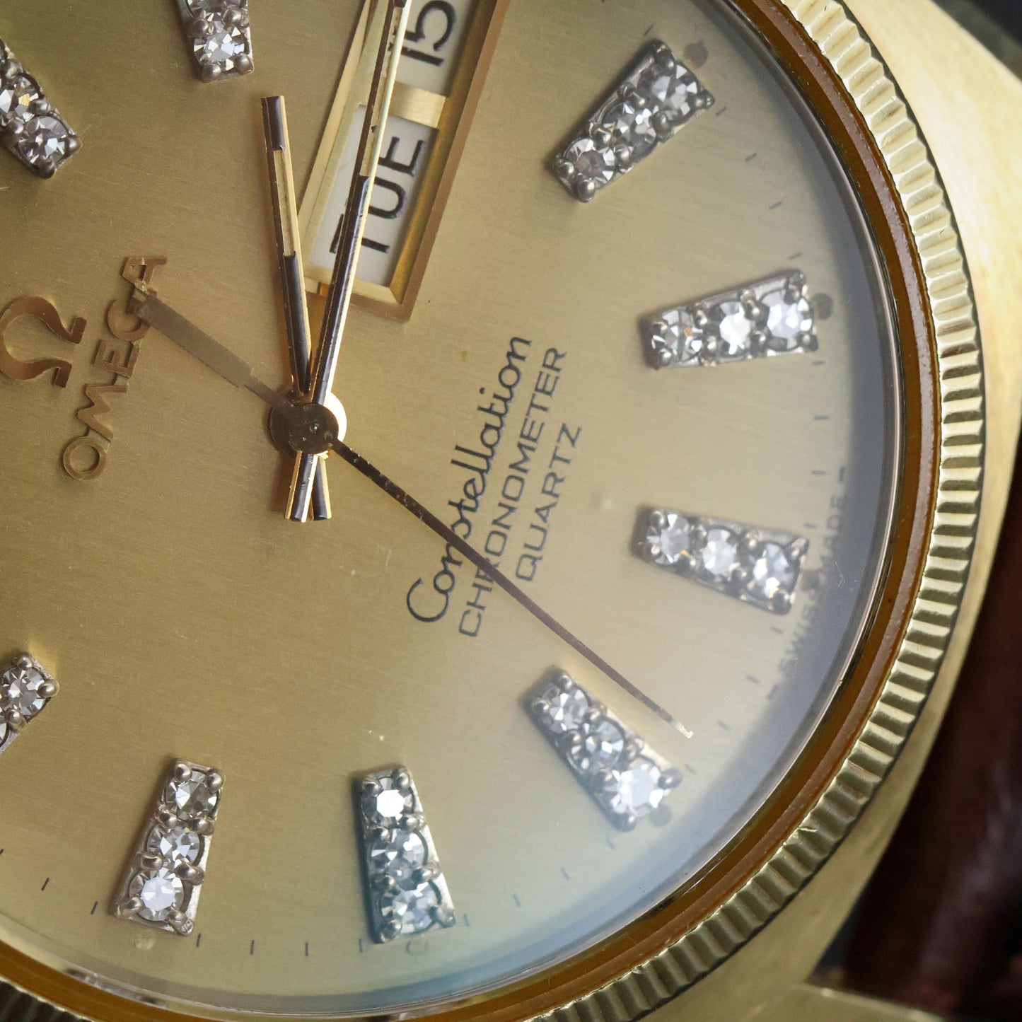 Omega Constellation Chronometer Day-Date Quartz | Gold | Champagne Diamond Dial | Fluted Bezel