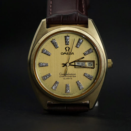 Omega Constellation Chronometer Day-Date Quartz | Gold | Champagne Diamond Dial | Fluted Bezel