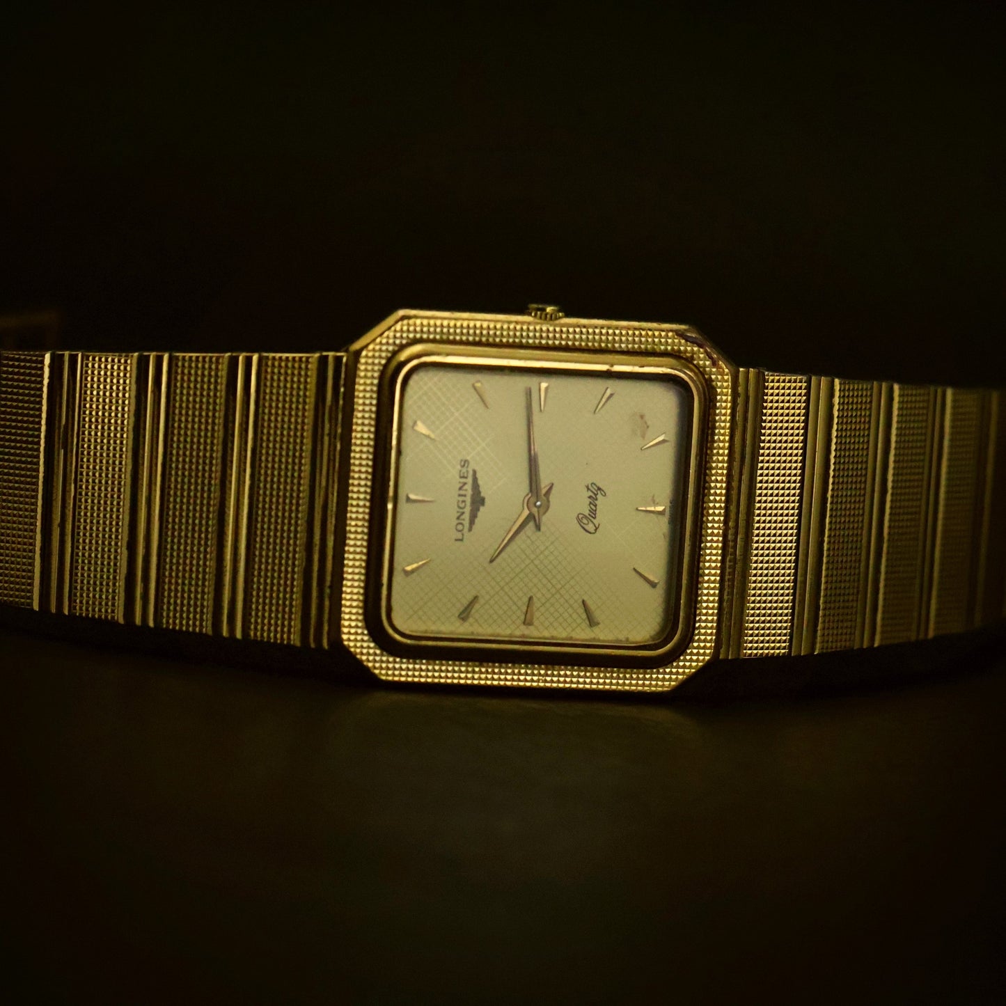 Longines Quartz | Guilloche White Dial | Gold-Tone Square Case | Integrated Bracelet