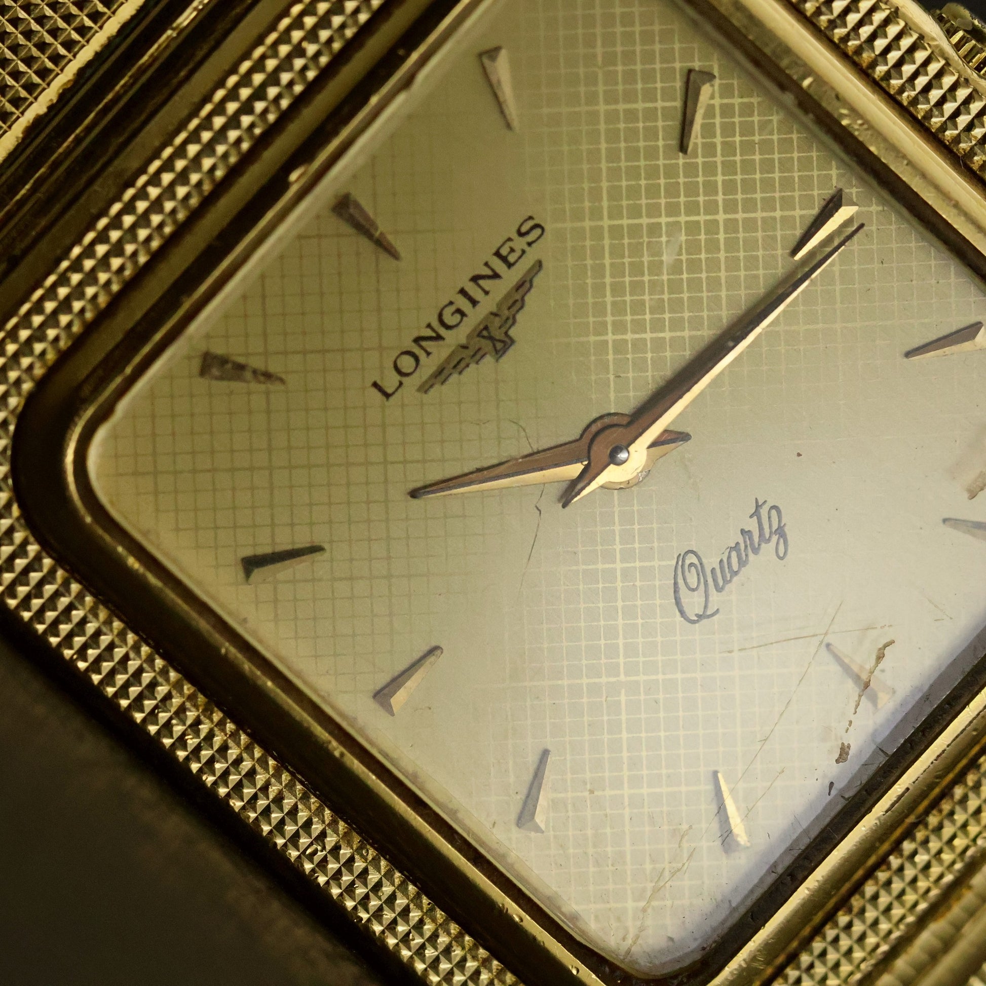 Longines Quartz | Guilloche White Dial | Gold-Tone Square Case | Integrated Bracelet
