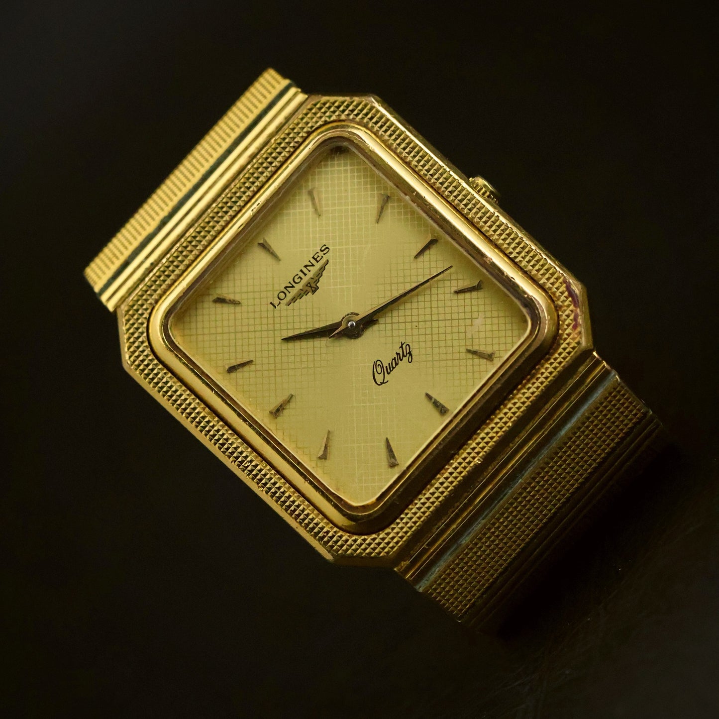 Longines Quartz | Guilloche White Dial | Gold-Tone Square Case | Integrated Bracelet