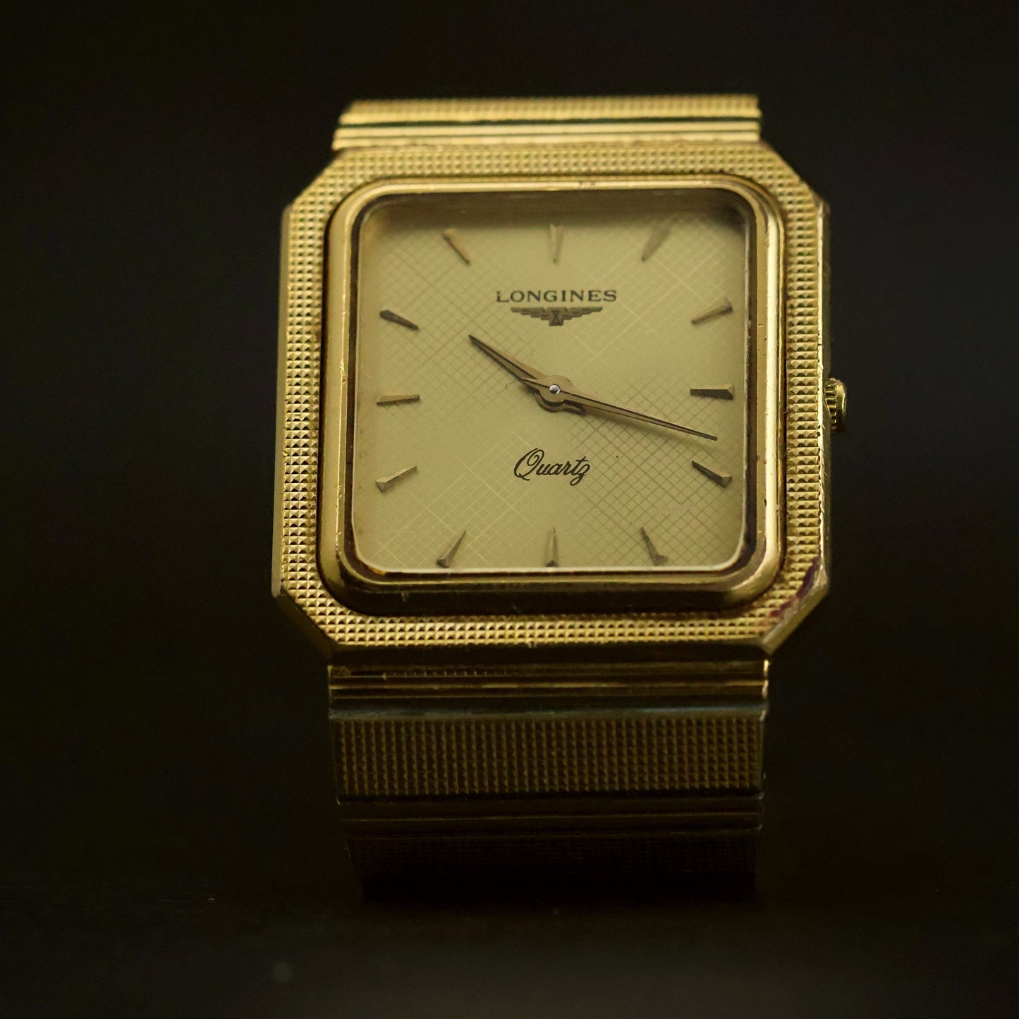 Longines Quartz | Guilloche White Dial | Gold-Tone Square Case | Integrated Bracelet