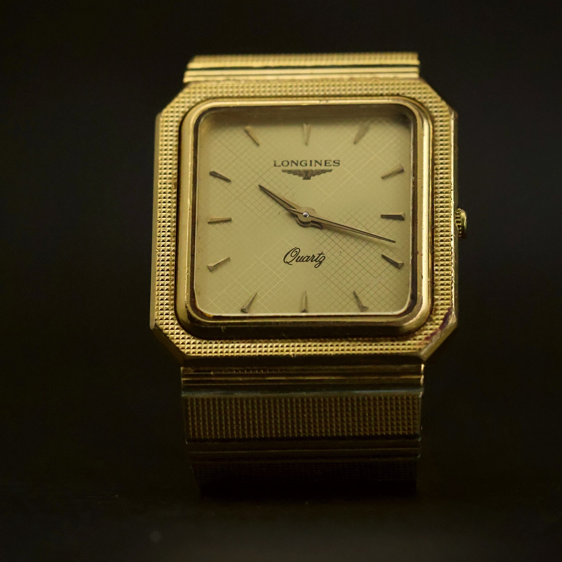 Longines Quartz | Guilloche White Dial | Gold-Tone Square Case | Integrated Bracelet