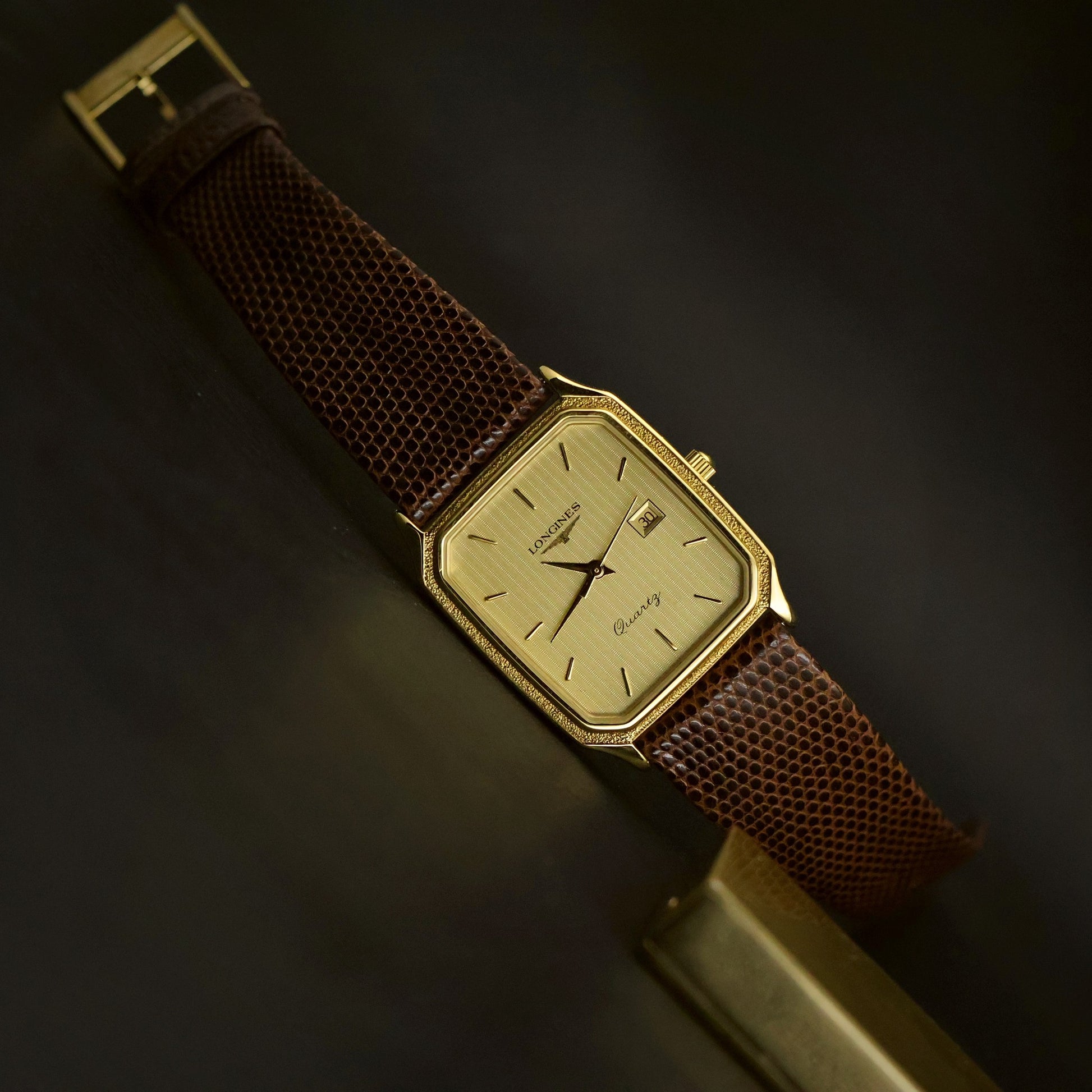 Longines Quartz | Champagne Lined Dial | Gold Rectangular Case | Date
