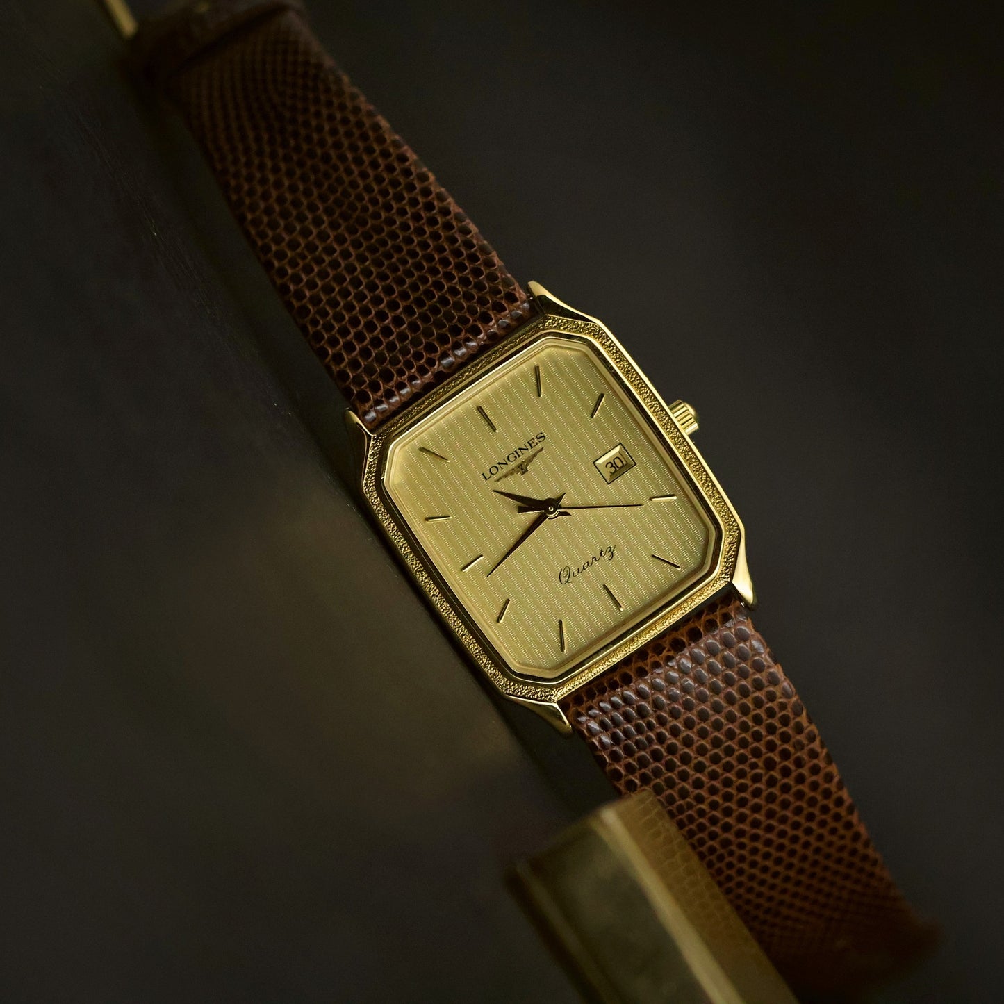 Longines Quartz | Champagne Lined Dial | Gold Rectangular Case | Date