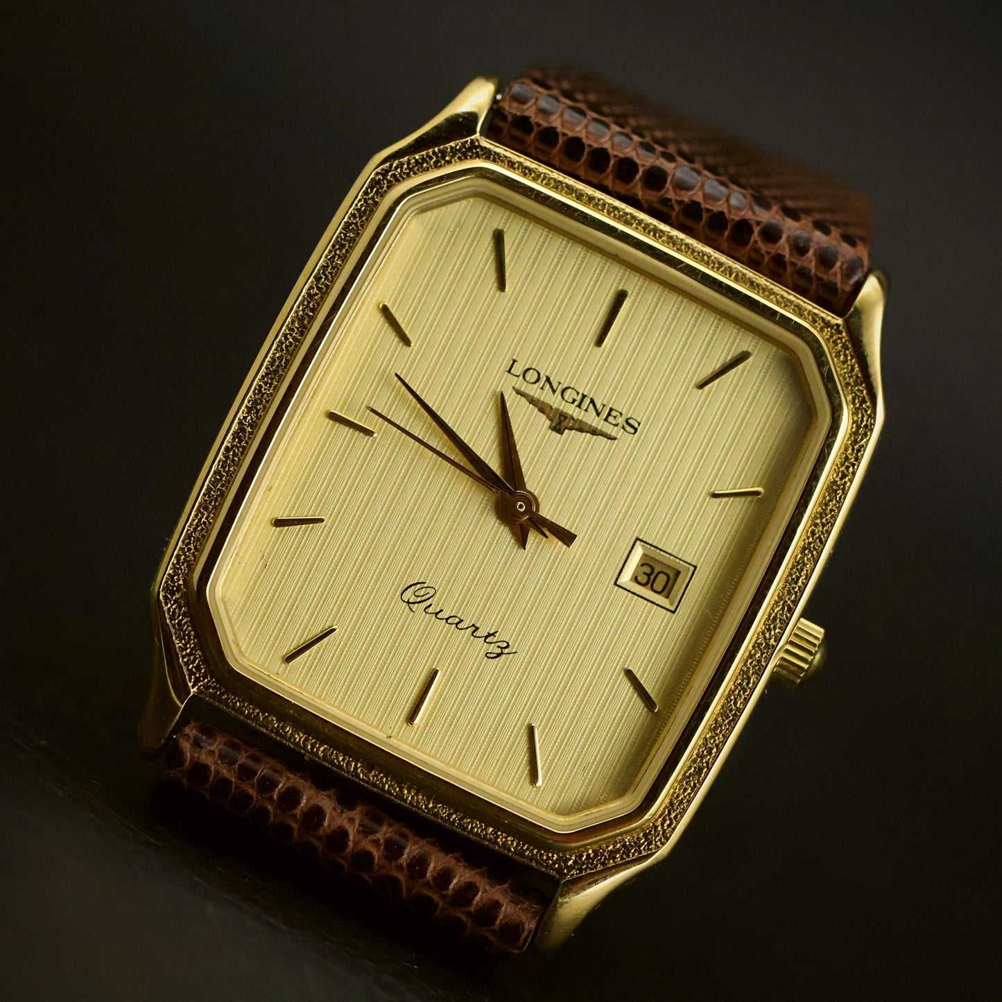Longines Quartz | Champagne Lined Dial | Gold Rectangular Case | Date