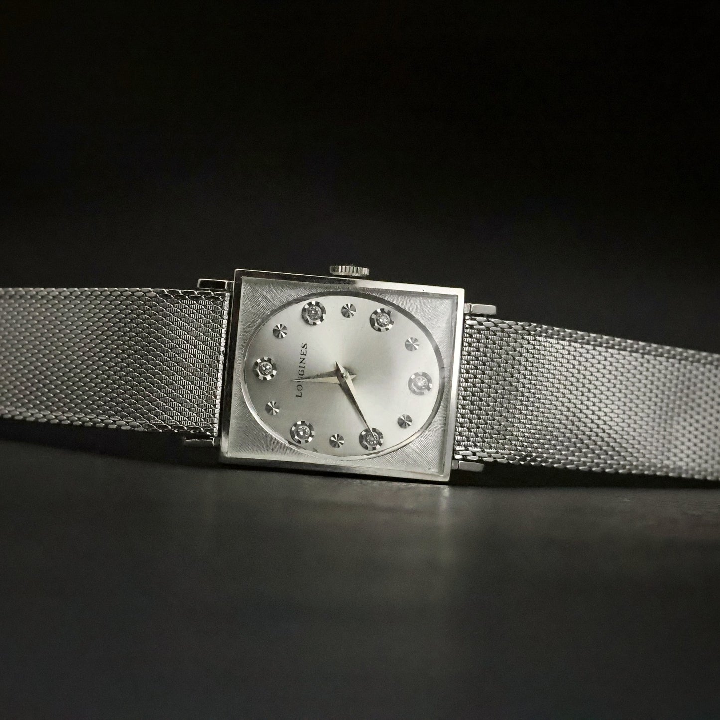 Longines | Stone-Set Silver Dial | White Gold Filled Square Case | Mesh Bracelet, view 1