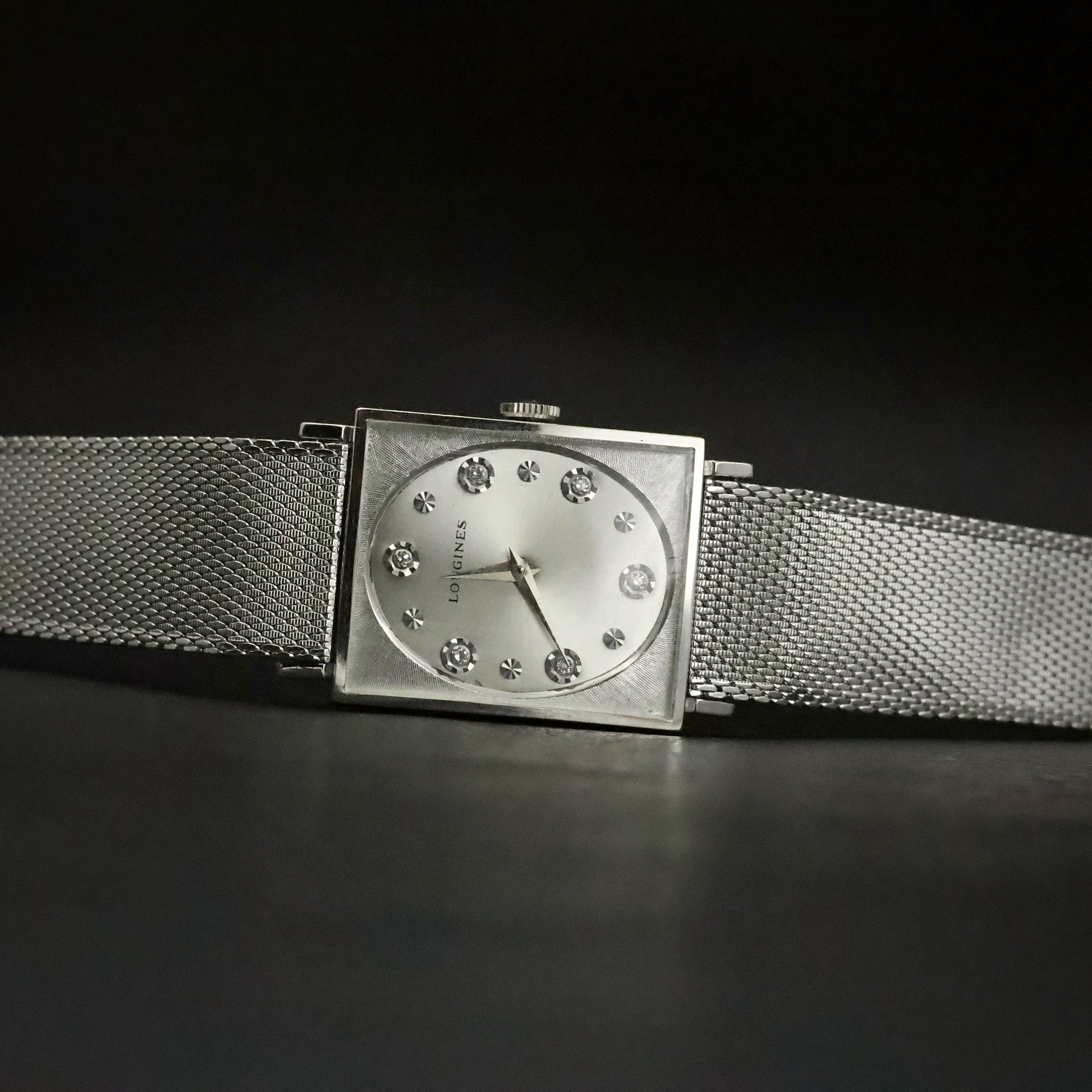 Longines | Stone-Set Silver Dial | White Gold Filled Square Case | Mesh Bracelet, view 1