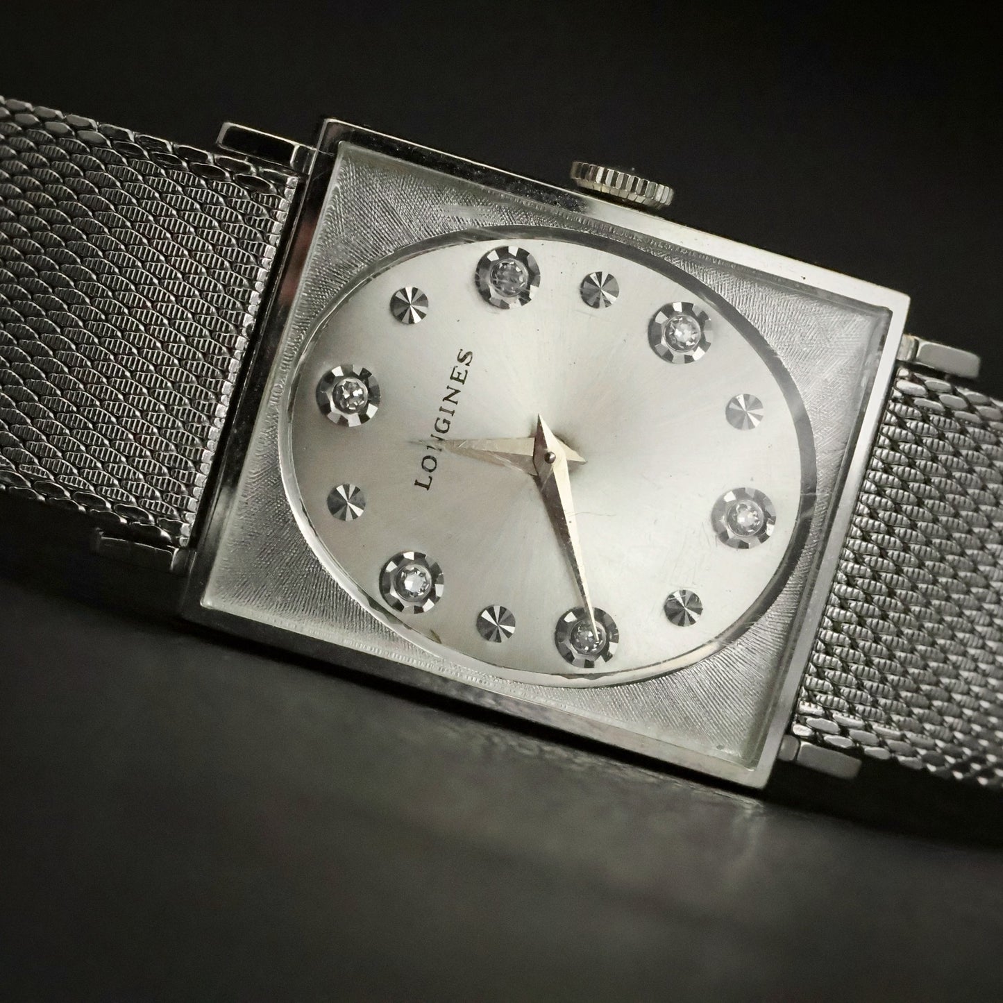 Longines | Stone-Set Silver Dial | White Gold Filled Square Case | Mesh Bracelet, view 2