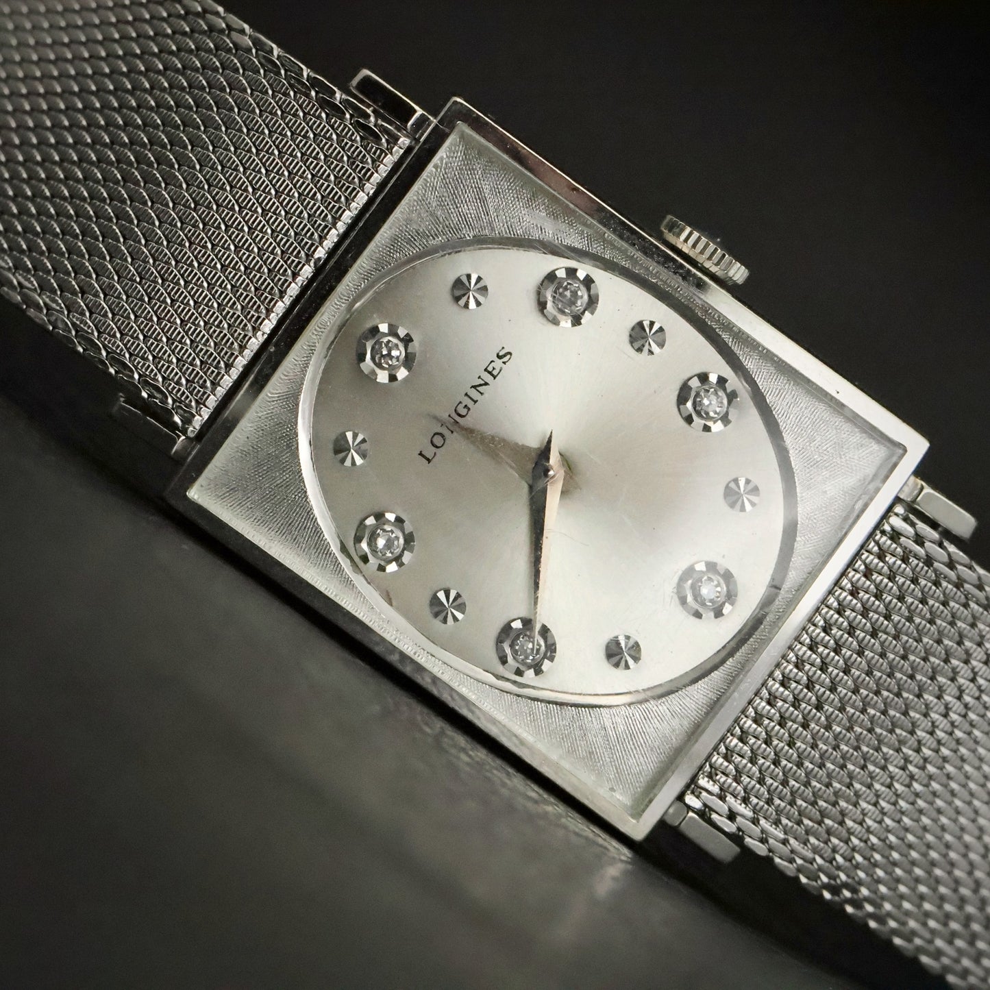 Longines | Stone-Set Silver Dial | White Gold Filled Square Case | Mesh Bracelet, view 3
