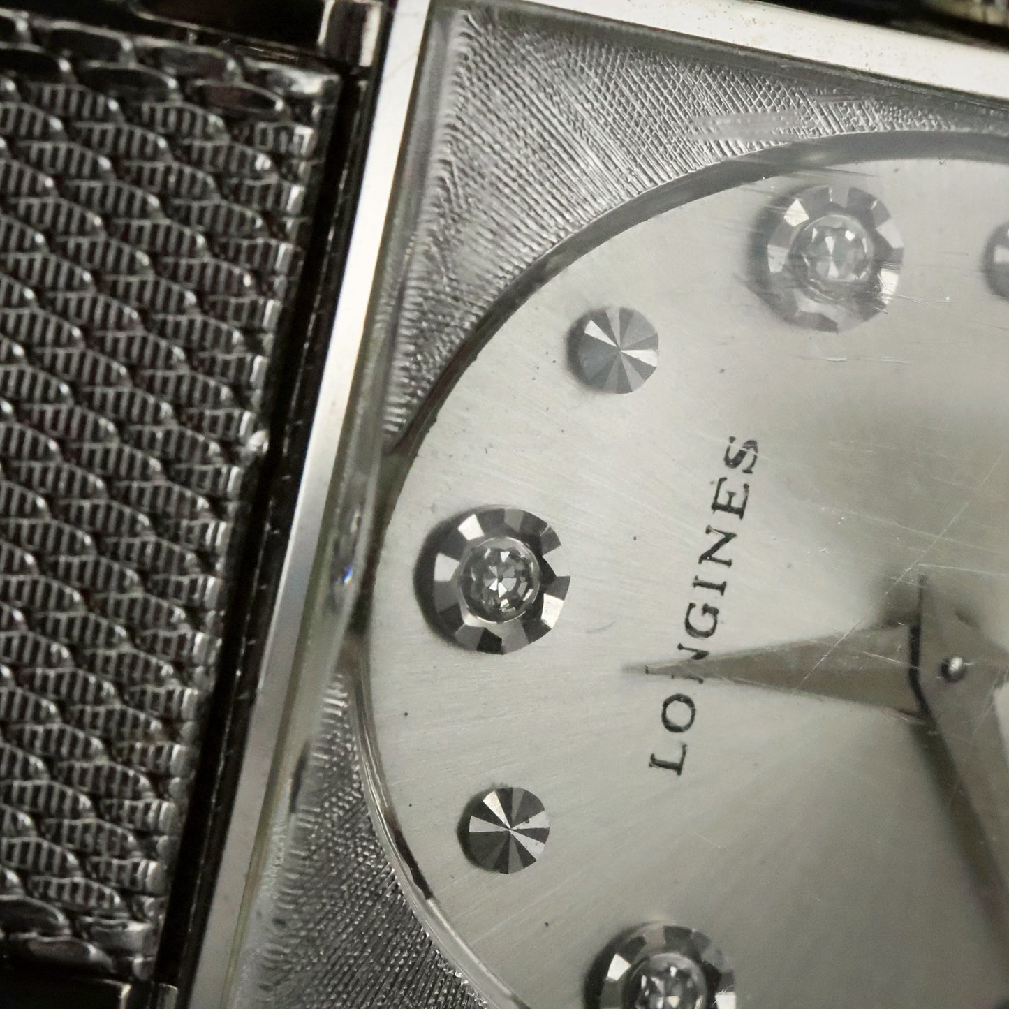 Longines | Stone-Set Silver Dial | White Gold Filled Square Case | Mesh Bracelet, view 4