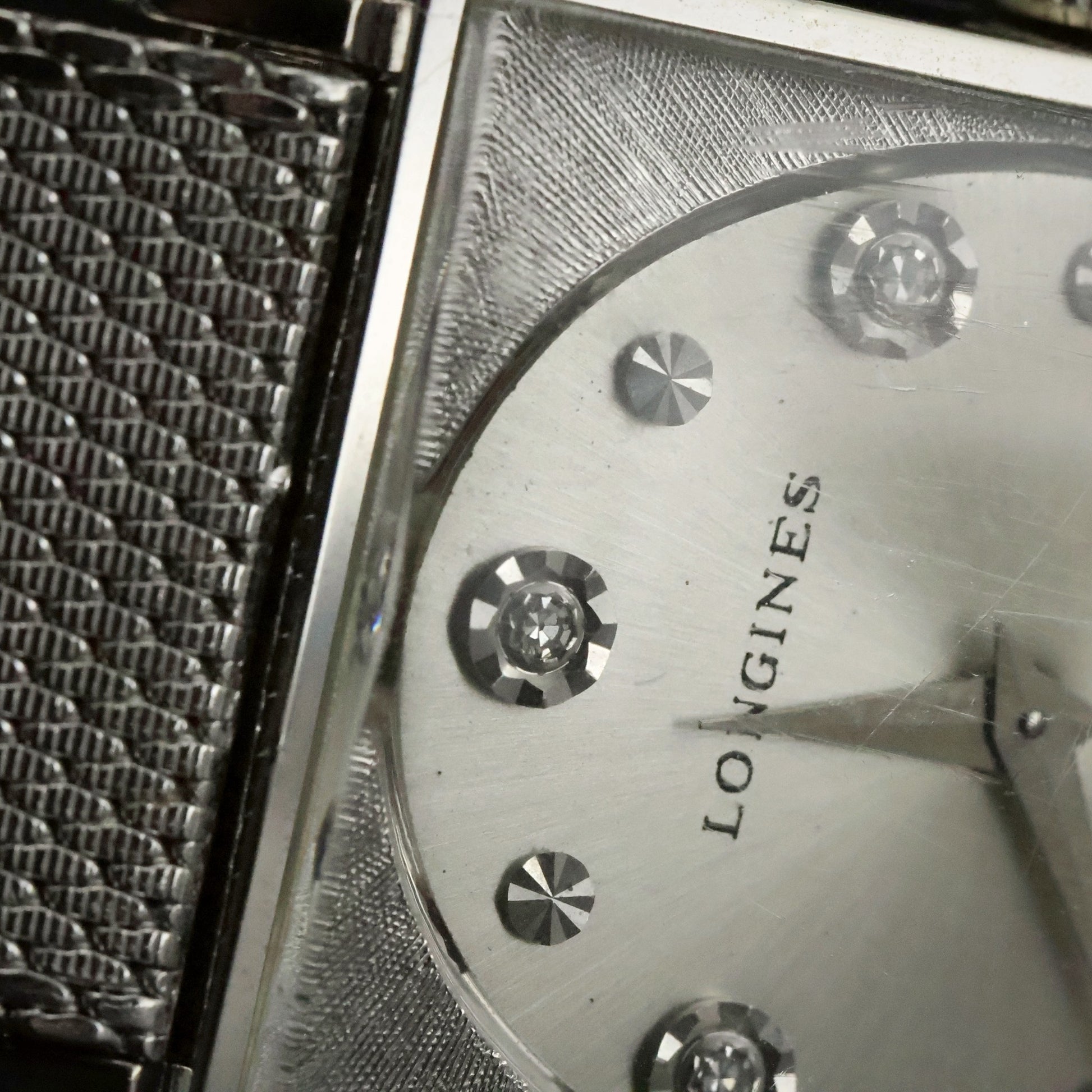 Longines | Stone-Set Silver Dial | White Gold Filled Square Case | Mesh Bracelet, view 4