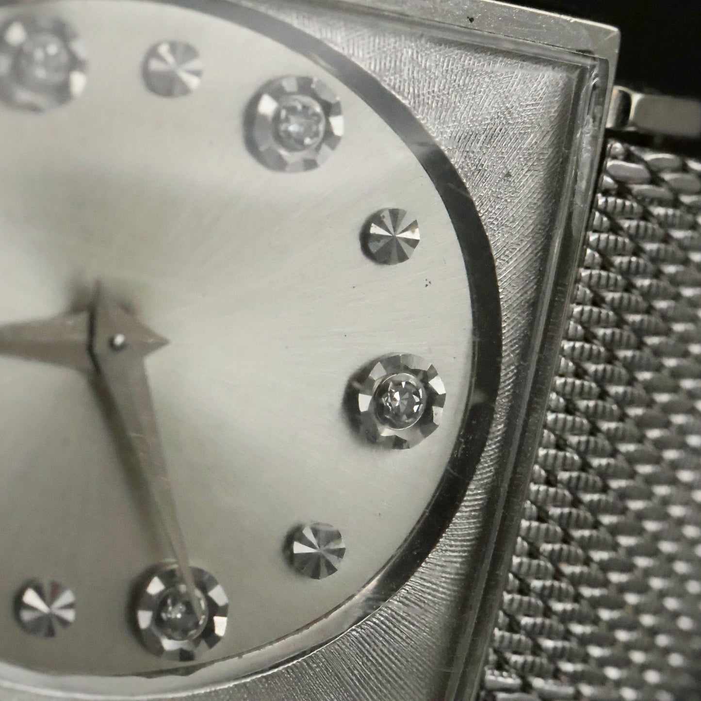 Longines | Stone-Set Silver Dial | White Gold Filled Square Case | Mesh Bracelet, view 5