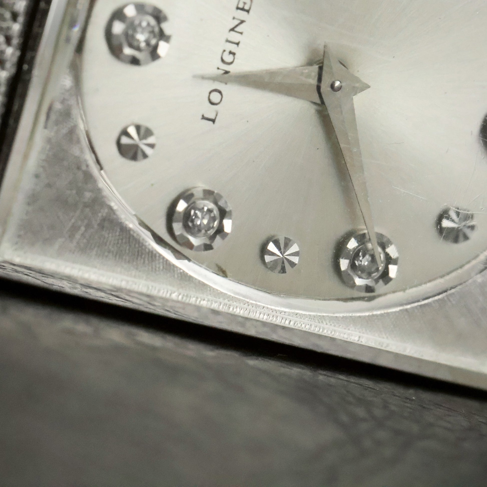 Longines | Stone-Set Silver Dial | White Gold Filled Square Case | Mesh Bracelet, view 6