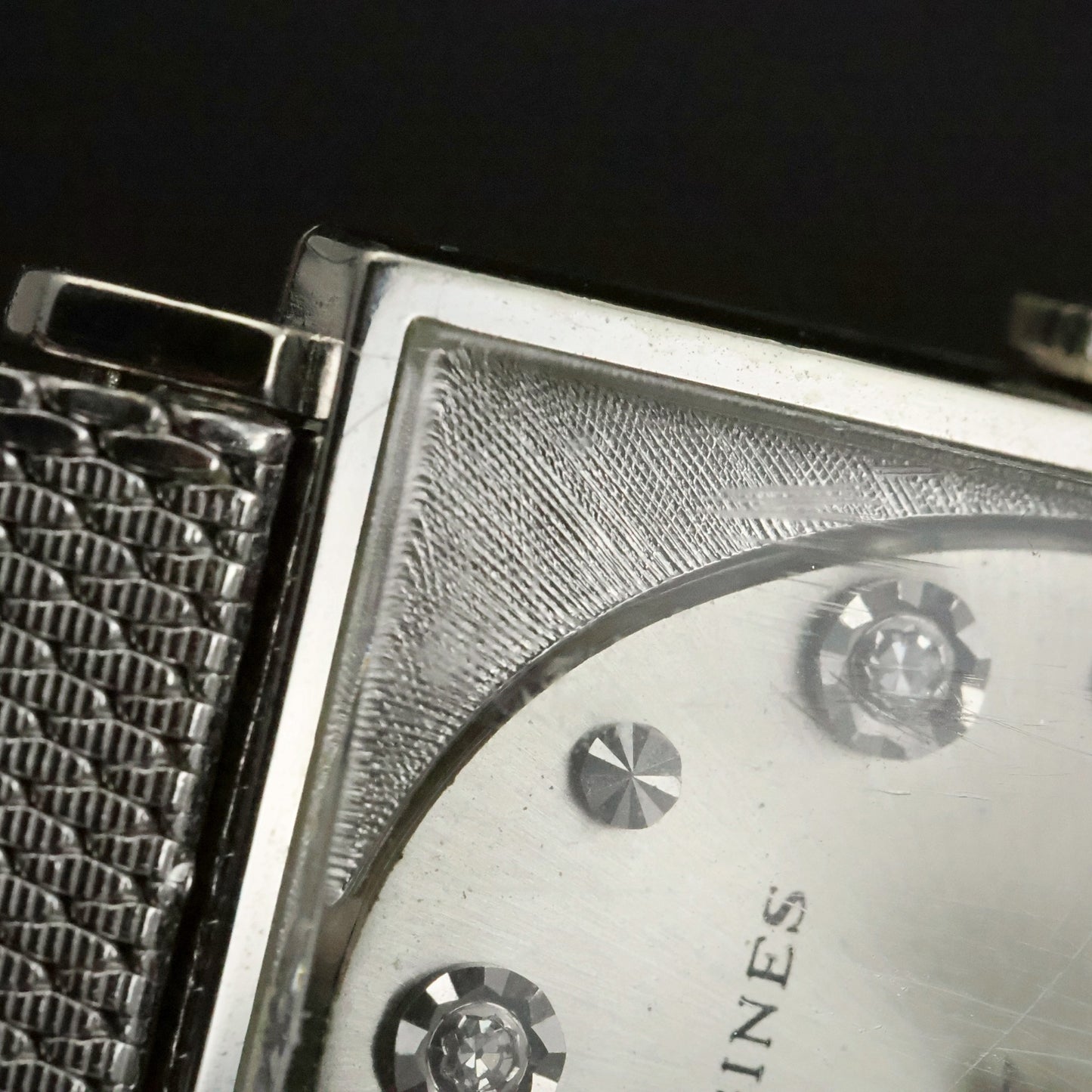 Longines | Stone-Set Silver Dial | White Gold Filled Square Case | Mesh Bracelet, view 7