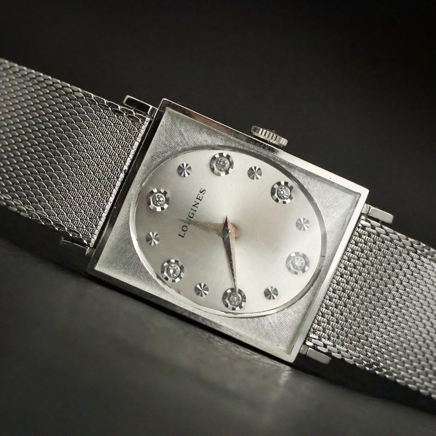 Longines | Stone-Set Silver Dial | White Gold Filled Square Case | Mesh Bracelet, view 9