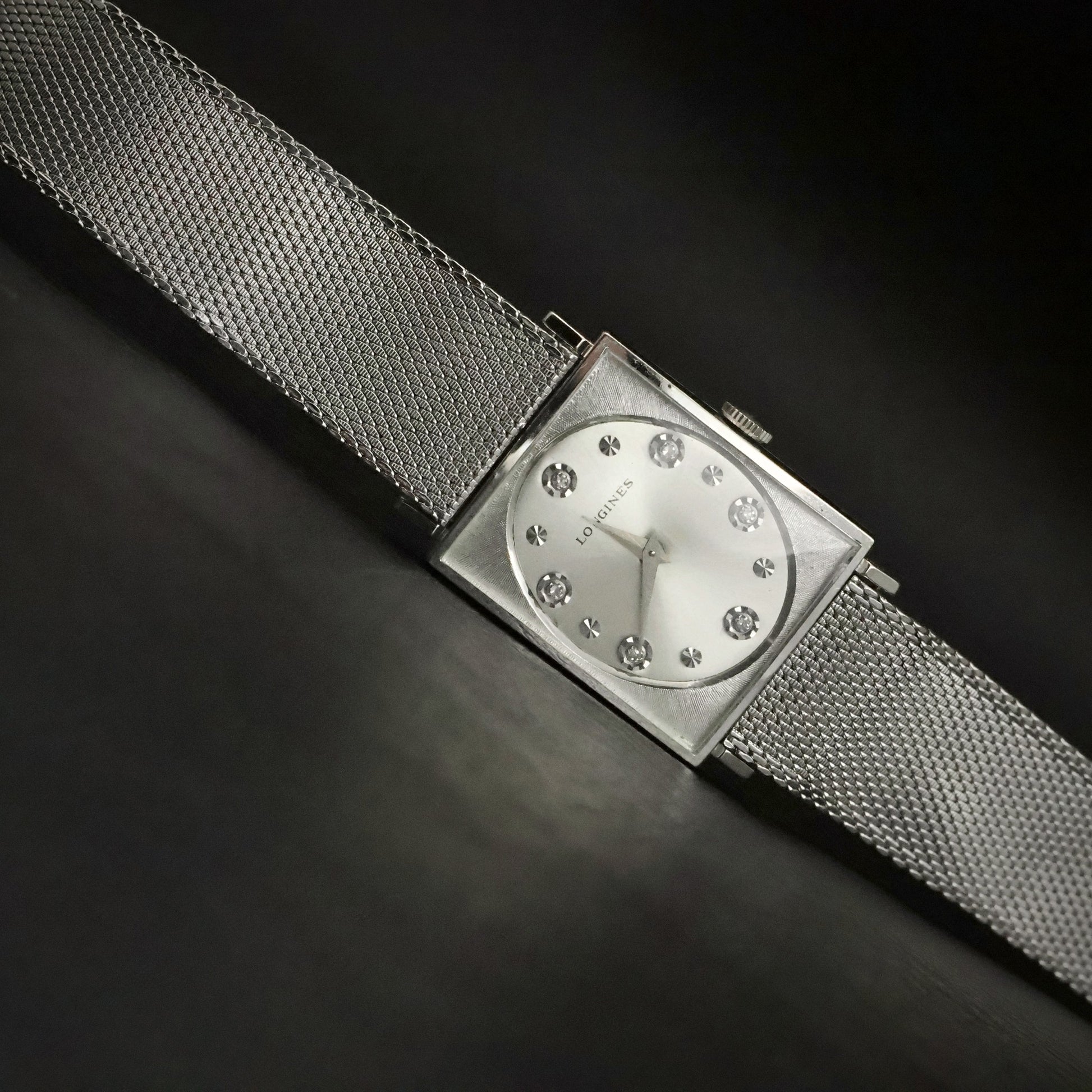 Longines | Stone-Set Silver Dial | White Gold Filled Square Case | Mesh Bracelet, view 20