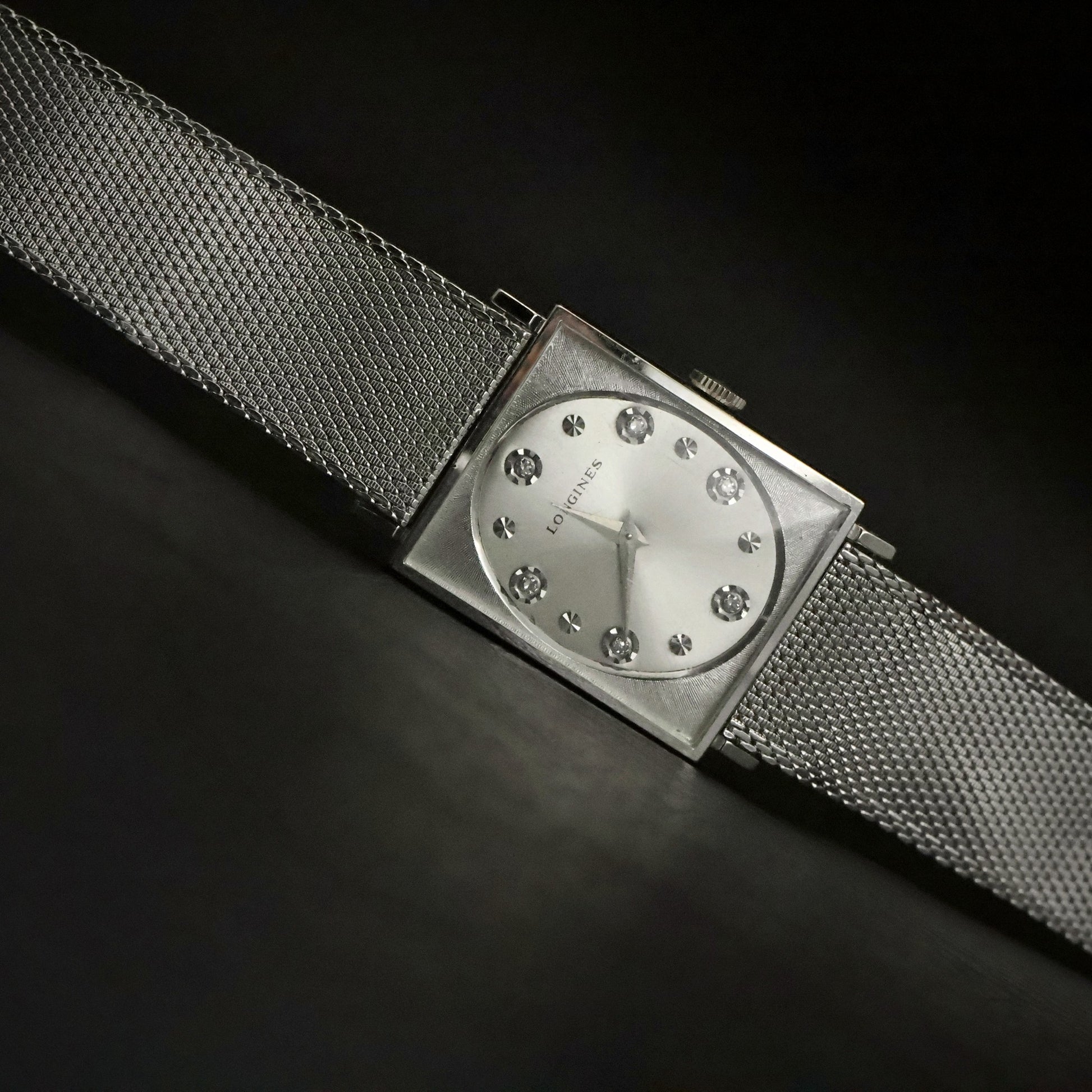 Longines | Stone-Set Silver Dial | White Gold Filled Square Case | Mesh Bracelet, view 21