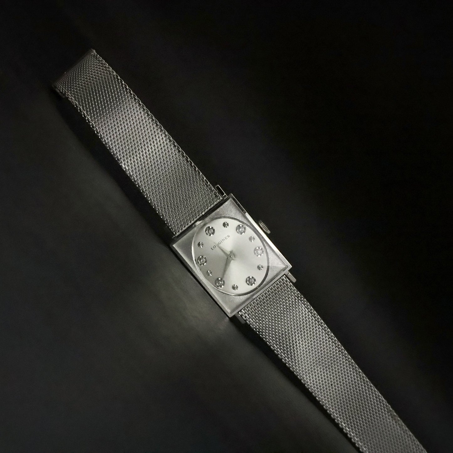 Longines | Stone-Set Silver Dial | White Gold Filled Square Case | Mesh Bracelet, view 22