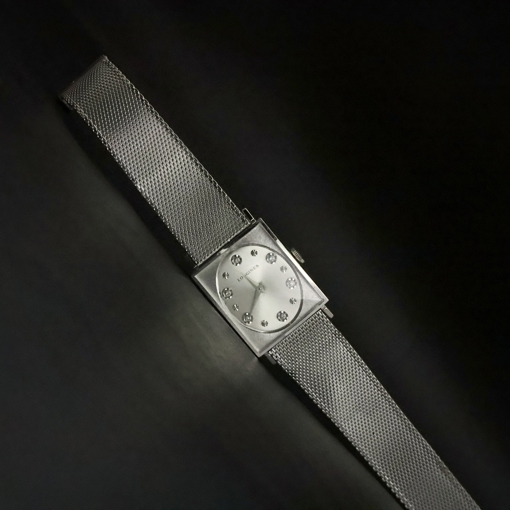 Longines | Stone-Set Silver Dial | White Gold Filled Square Case | Mesh Bracelet, view 22