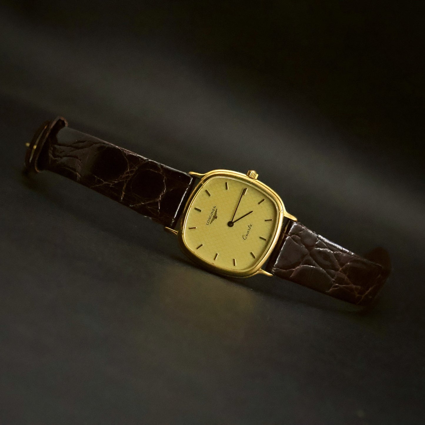 Longines Quartz | Champagne Guilloche Dial | Gold Cushion Case | Ultra-Thin, view 3