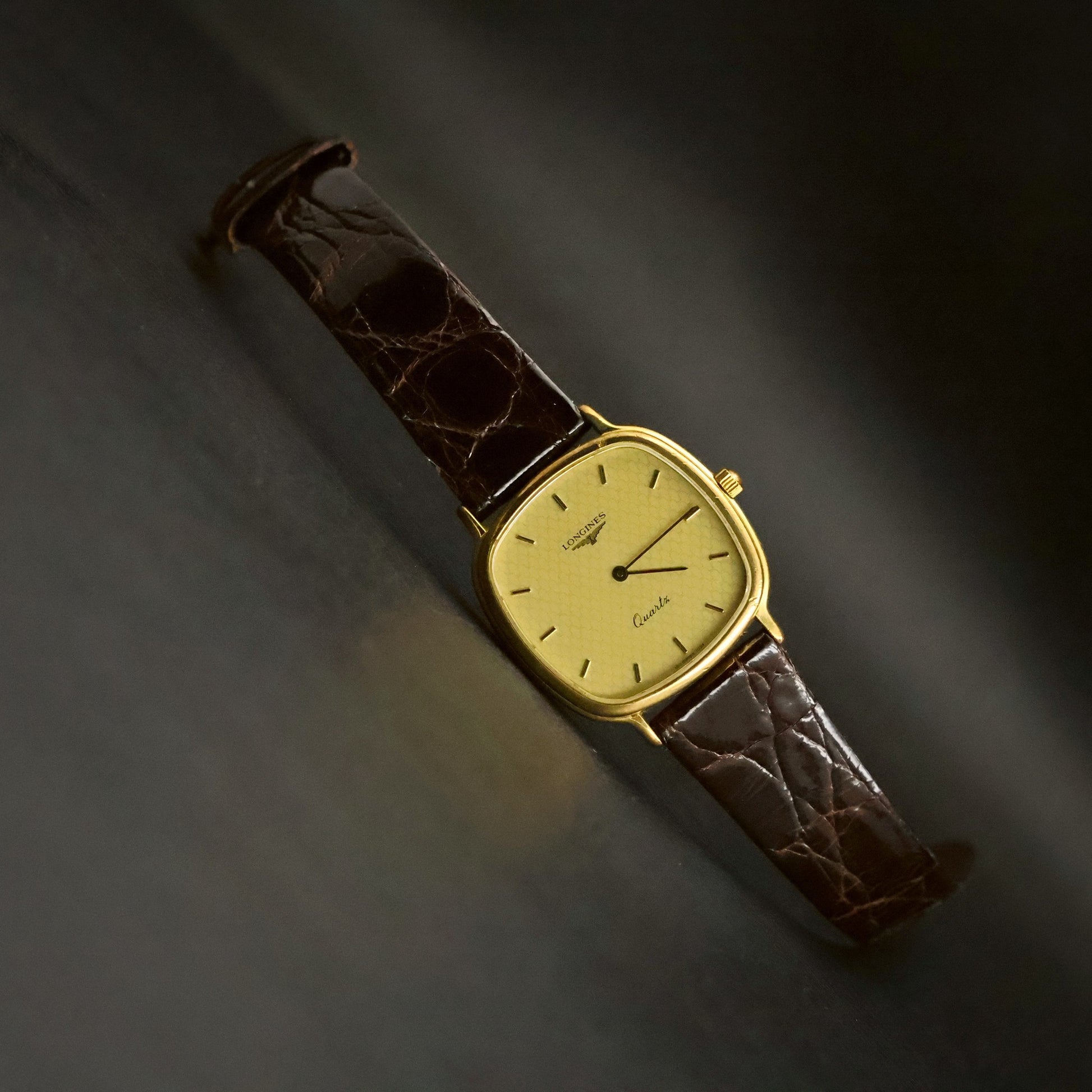 Longines Quartz | Champagne Guilloche Dial | Gold Cushion Case | Ultra-Thin, view 19