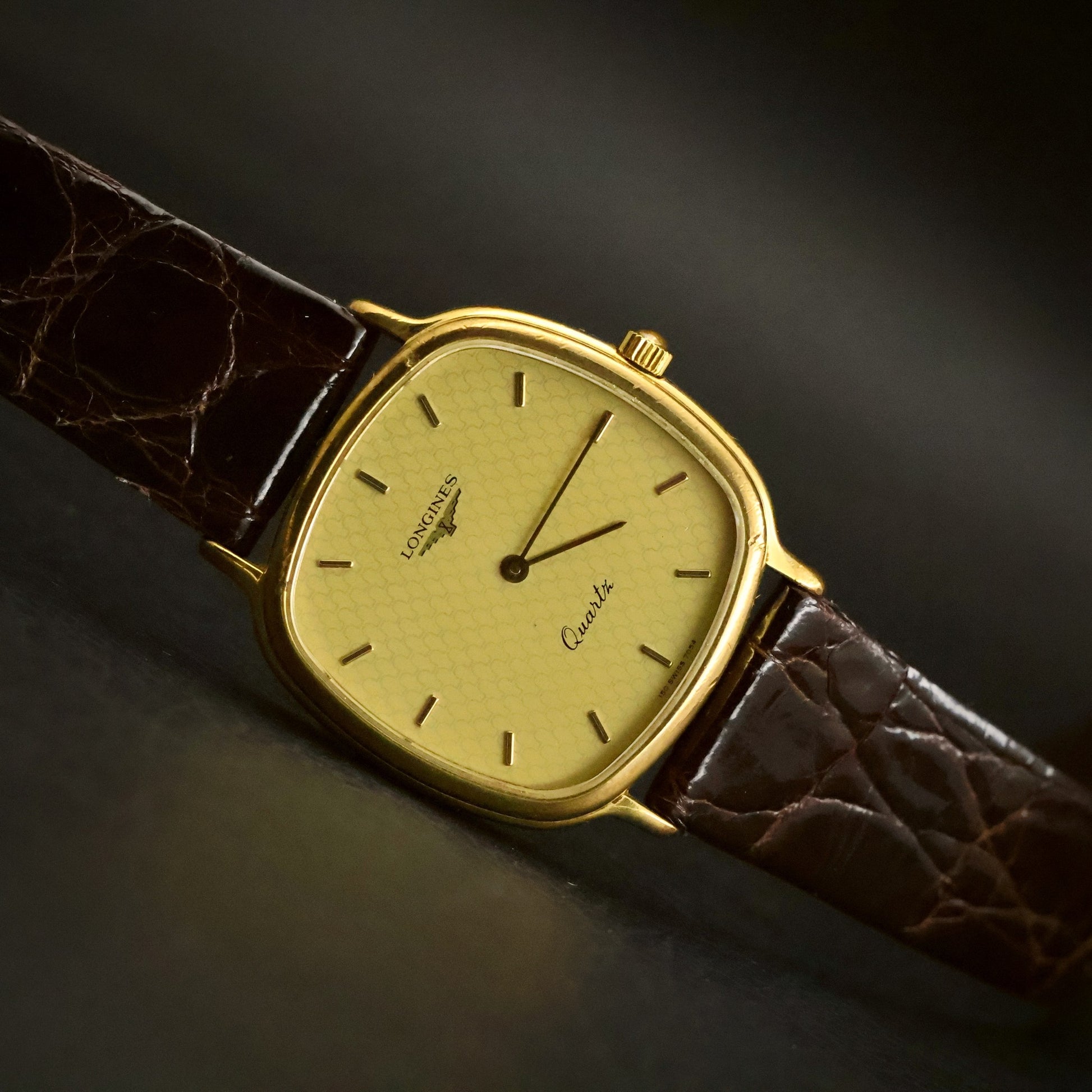 Longines Quartz | Champagne Guilloche Dial | Gold Cushion Case | Ultra-Thin, view 1