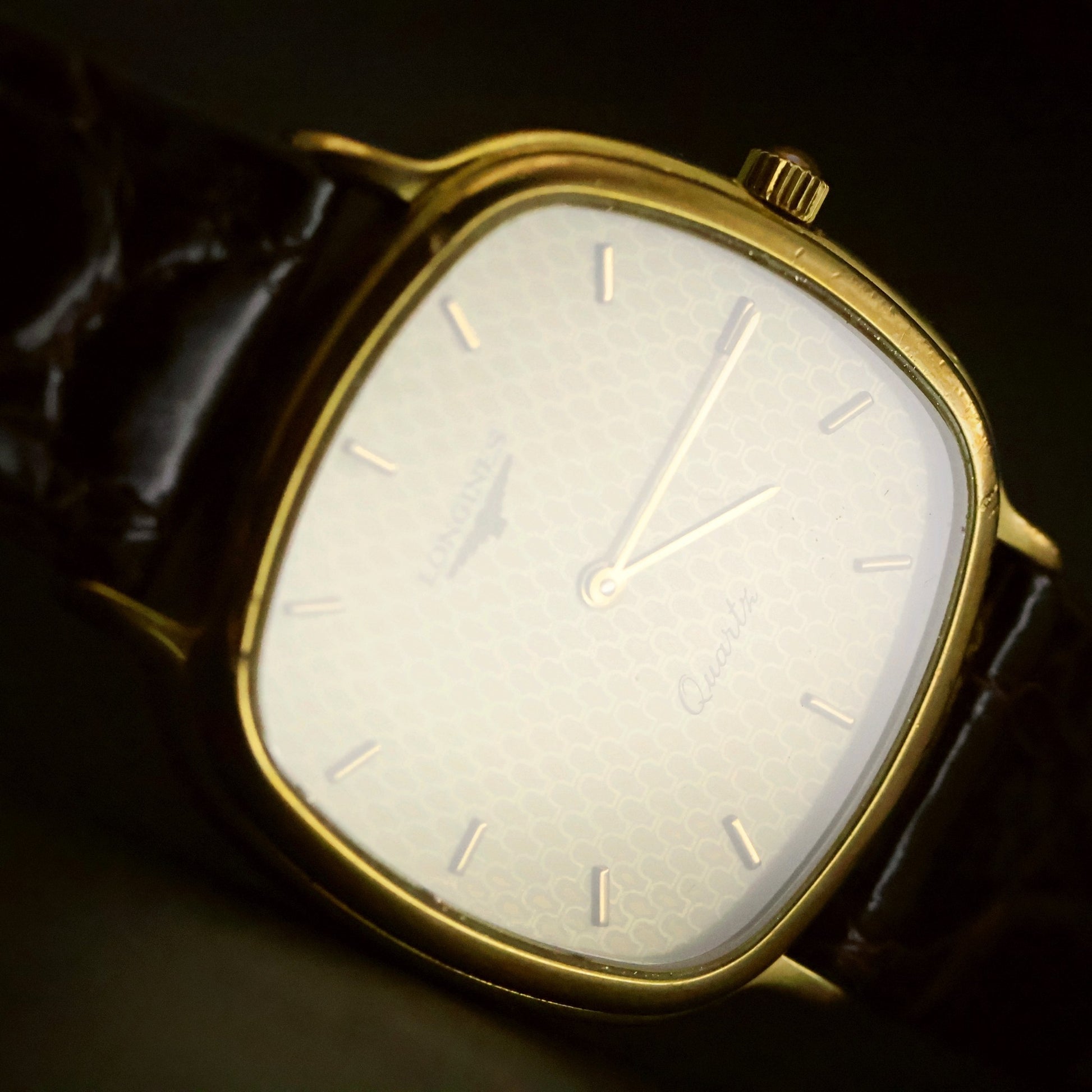 Longines Quartz | Champagne Guilloche Dial | Gold Cushion Case | Ultra-Thin, view 10